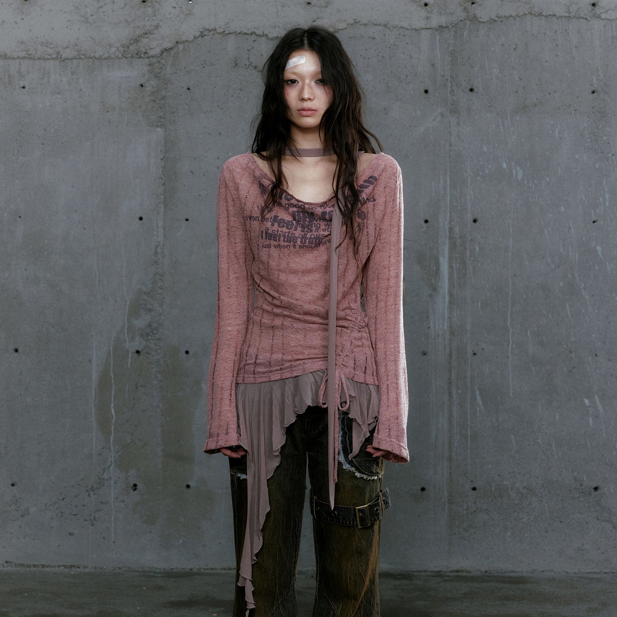 CESTNOUS Distressed Graphic Mesh-Hem Top