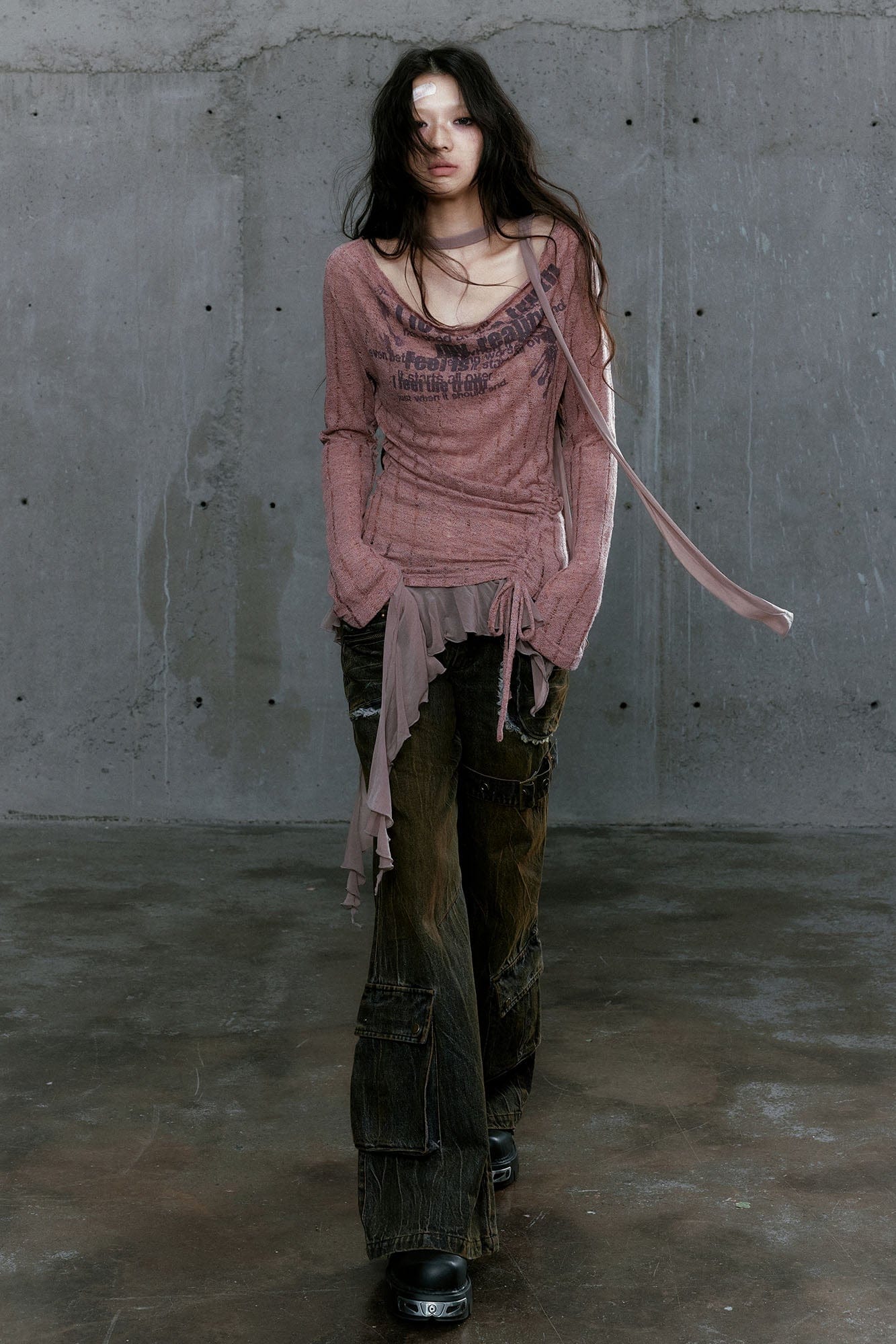 CESTNOUS Distressed Graphic Mesh-Hem Top