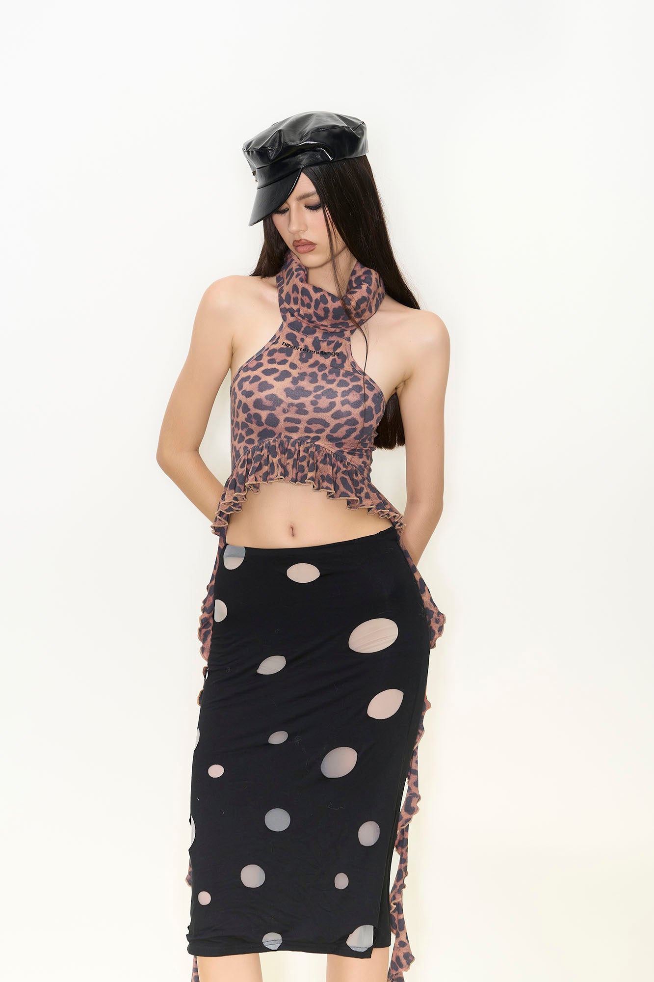 NEVER OFFEND L ANGEL Leopard Ruched High-Neck Cut-Out Halter Top