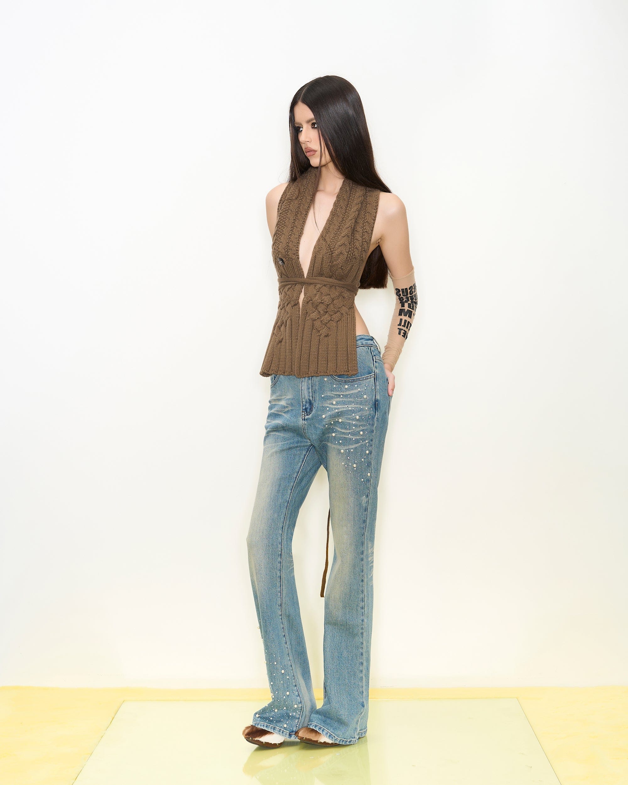 NEVER OFFEND L ANGEL Convertible Cable Knit Halter Vest