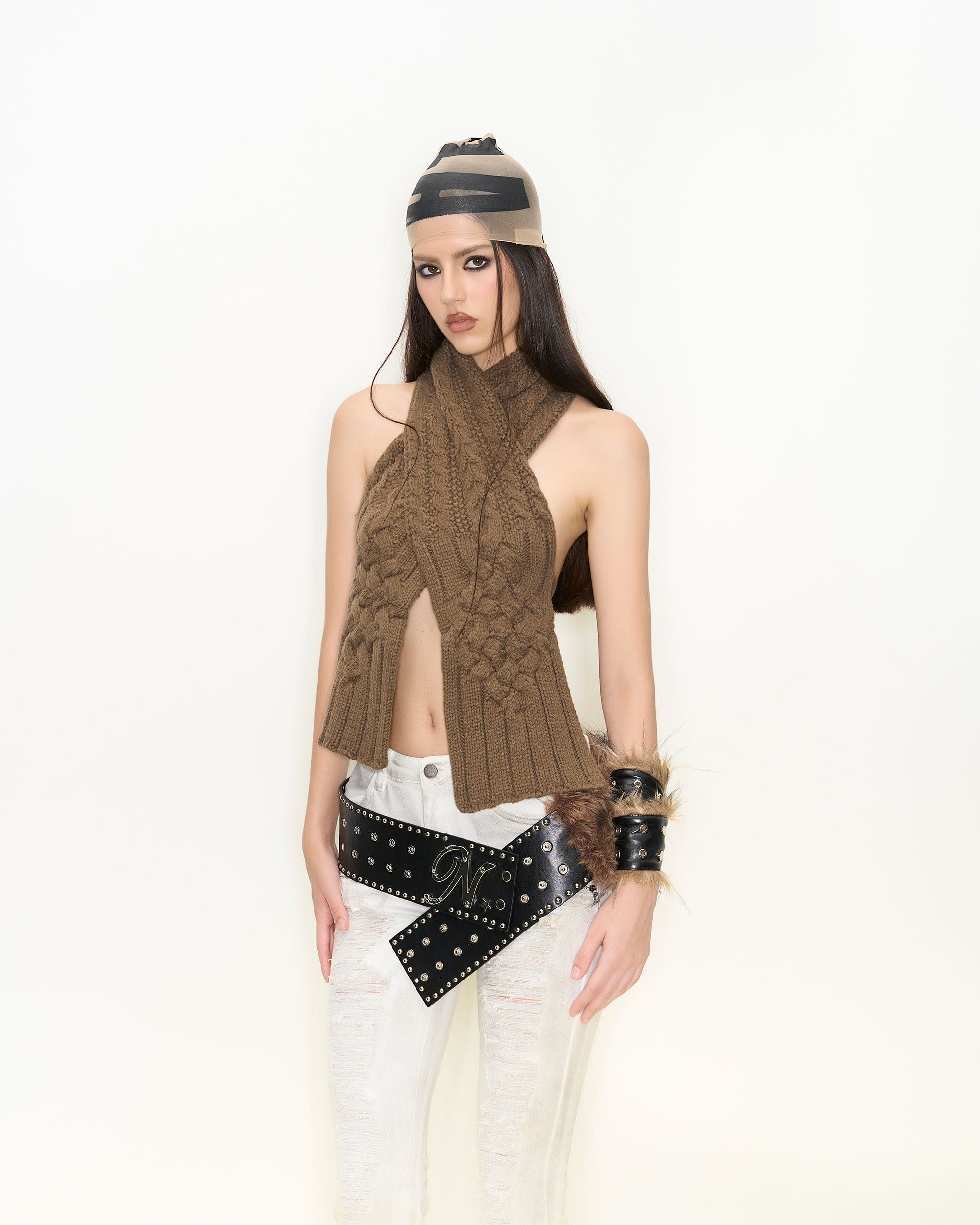 NEVER OFFEND L ANGEL Convertible Cable Knit Halter Vest