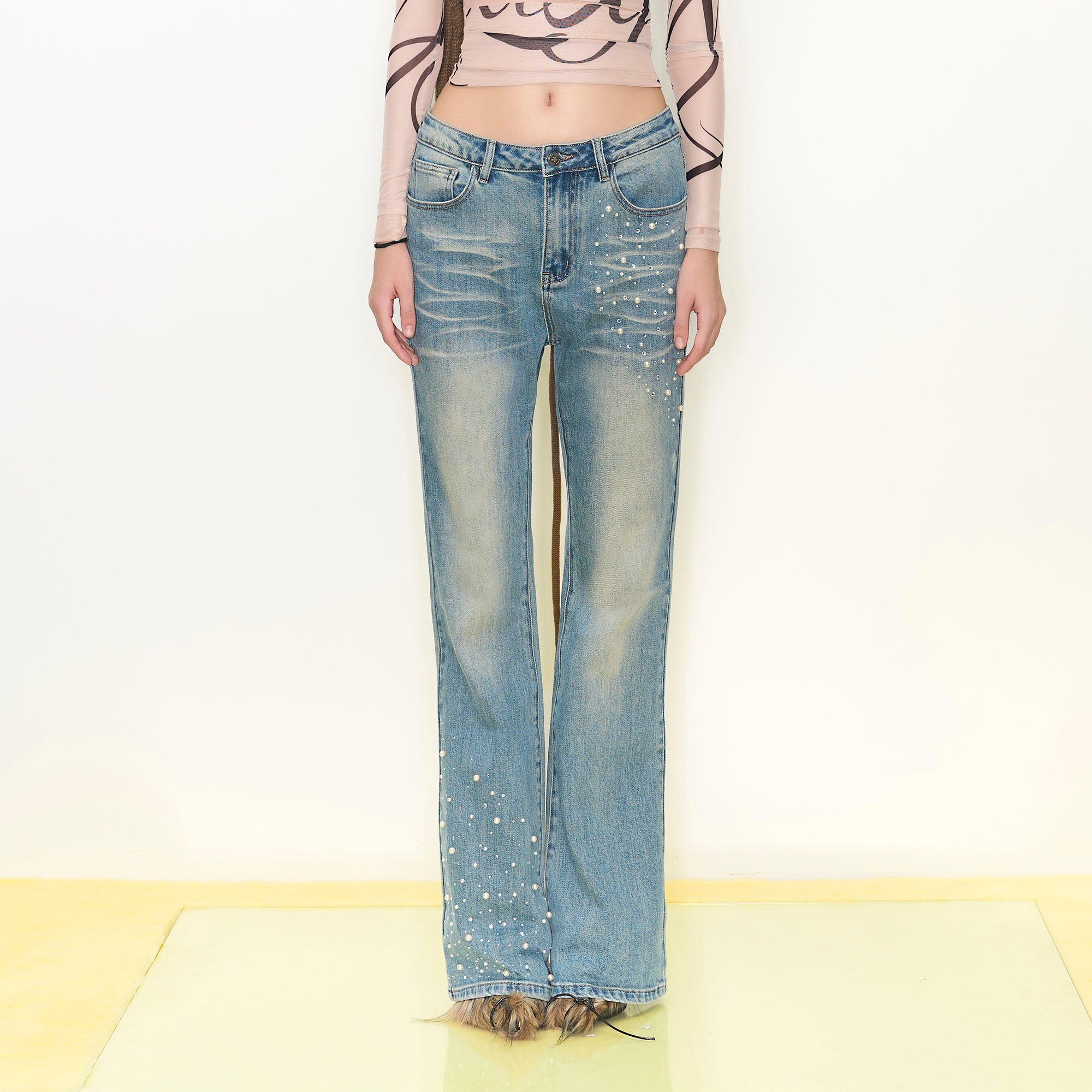NEVER OFFEND L ANGEL Pearl-Embellished Washed Straight-Leg Jeans