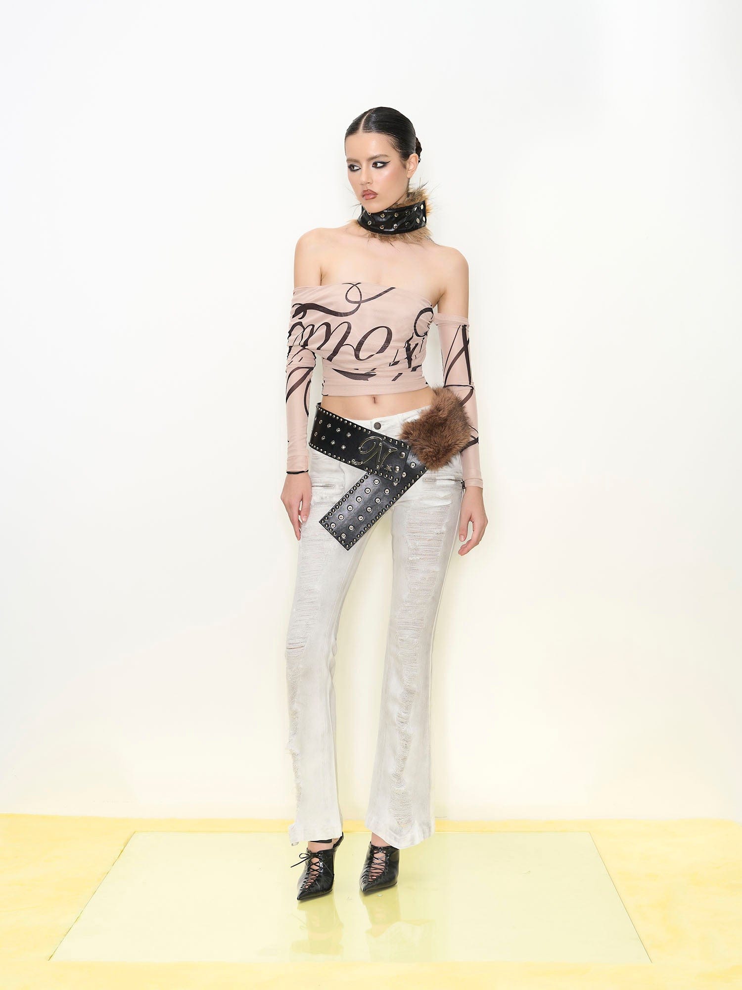 NEVER OFFEND L ANGEL Studded Faux Leather & Faux-Fur Choker