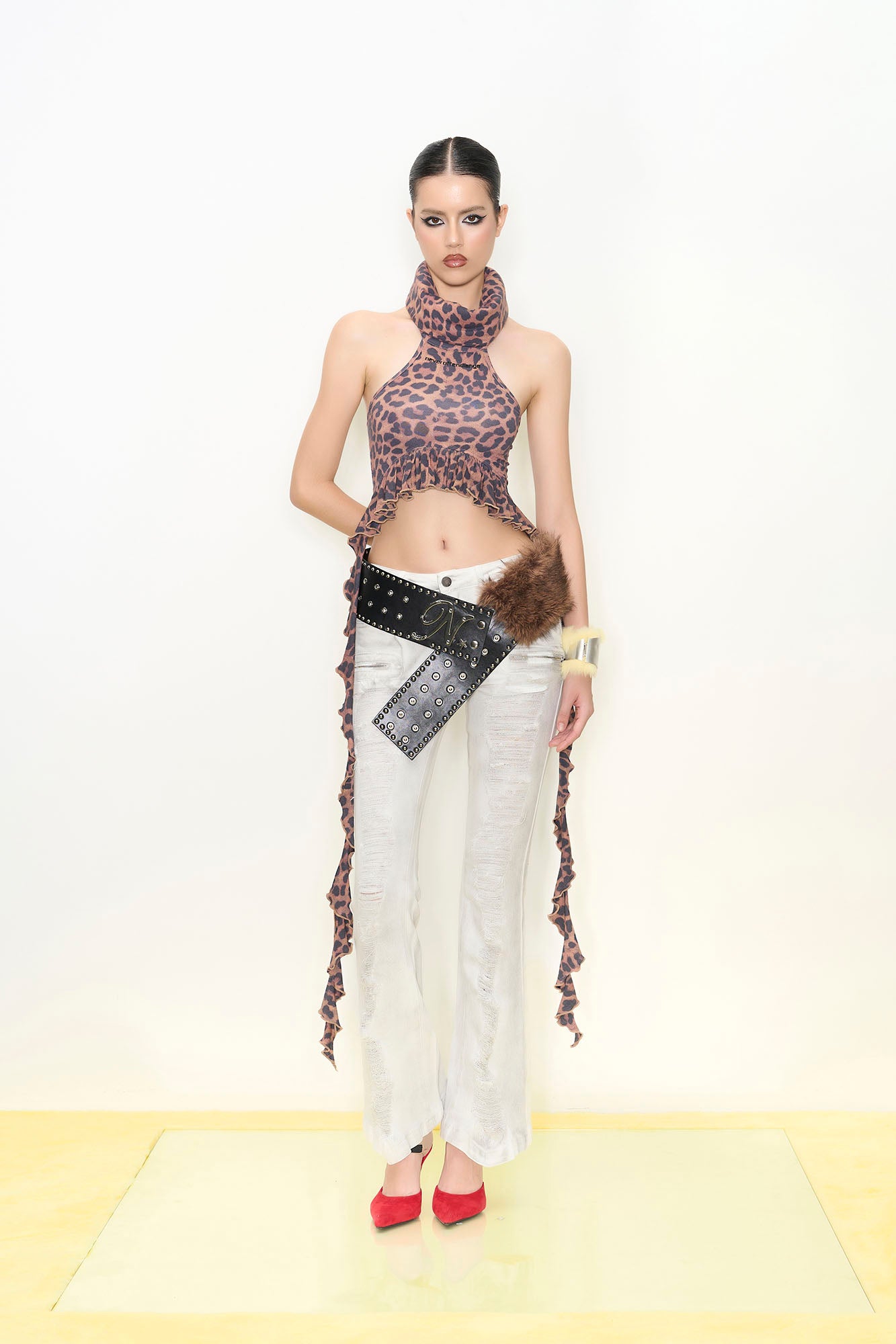 NEVER OFFEND L ANGEL Leopard Ruched High-Neck Cut-Out Halter Top