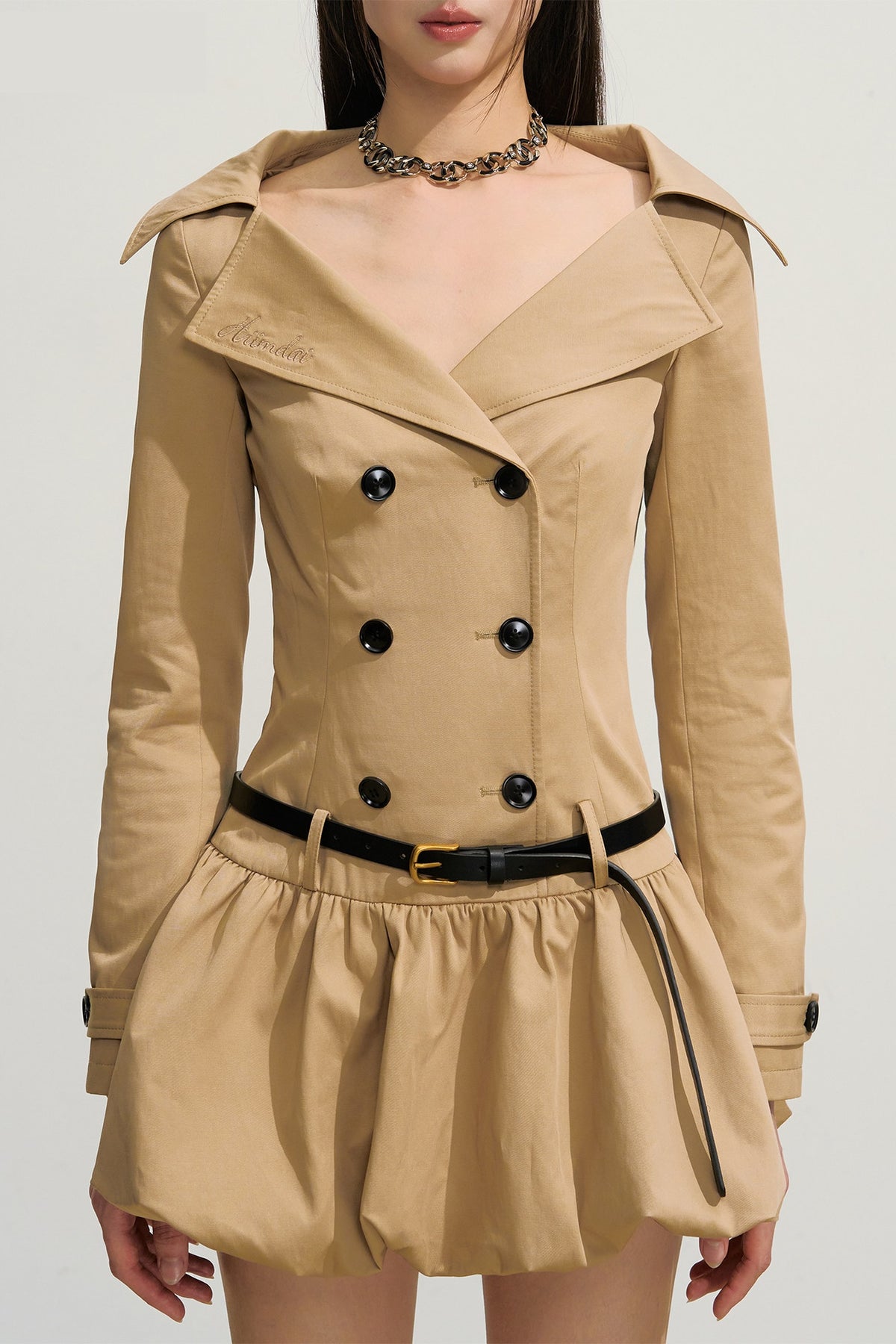 HIIMDAI Retro Double-Breasted Lapel Puff-Skirt Cinched Waist Dress — half body