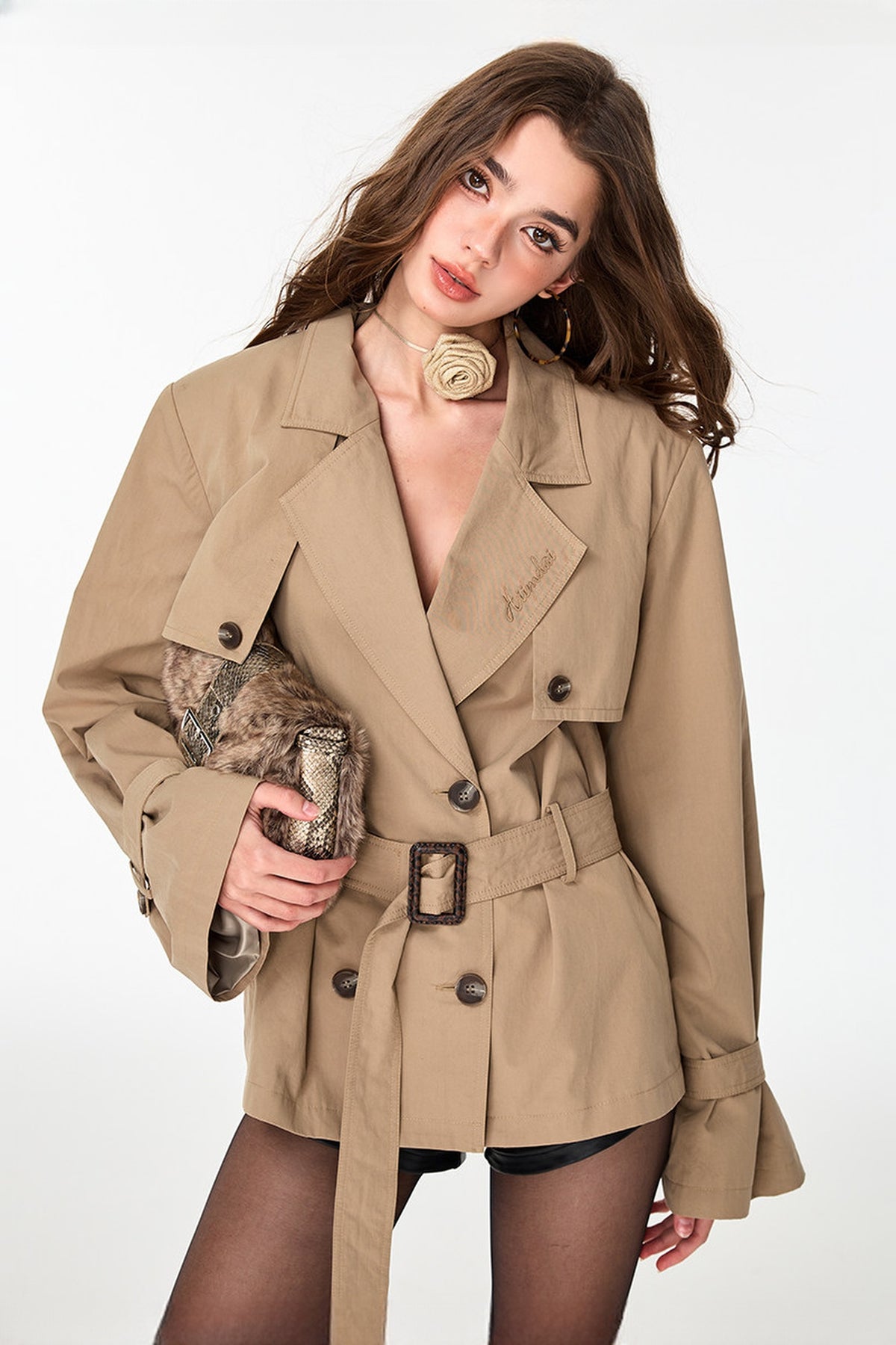 HIIMDAI Double-Breasted Oversized Long Trench Coat — half body