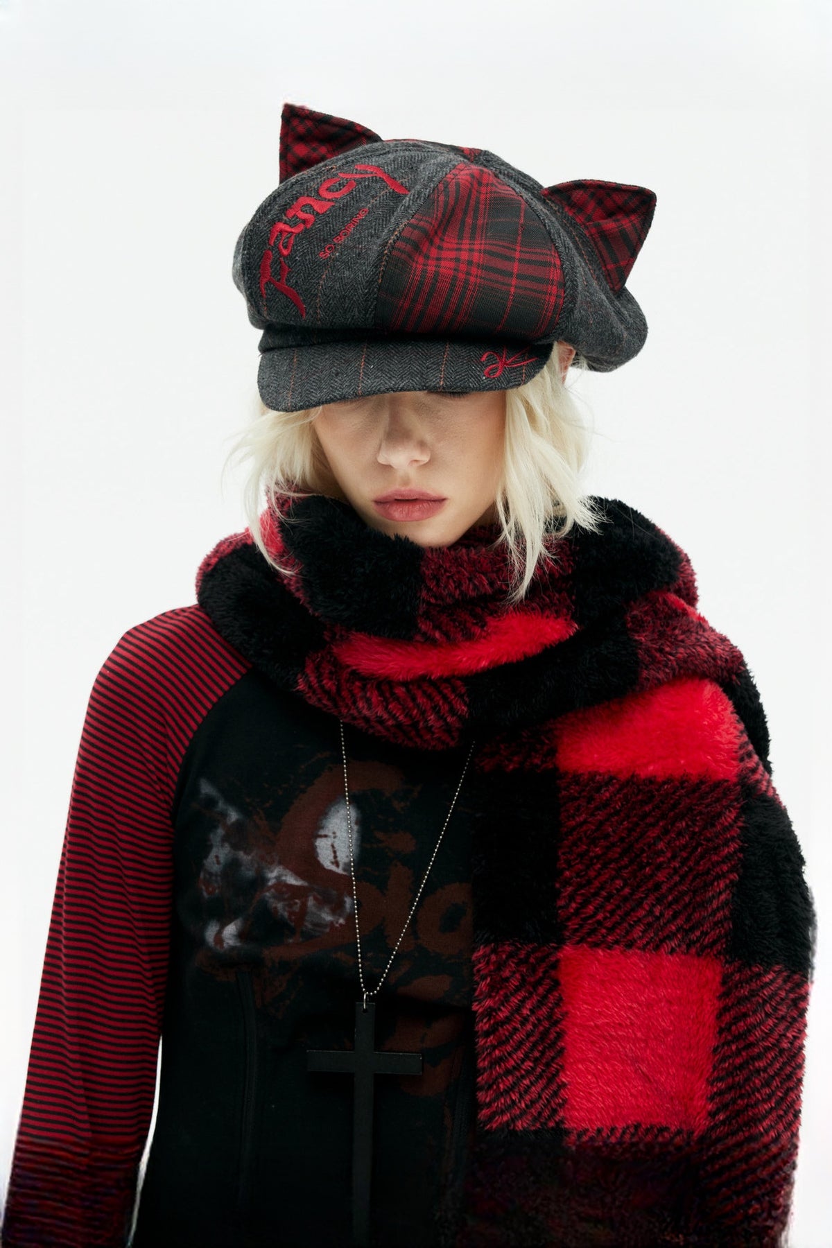 EMOHA Cat Ear Plaid Newsboy Cap — half body