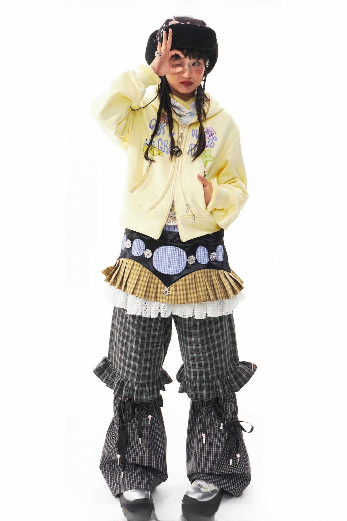 SILLYSIS Reversible Graphic Faux Sherpa Trapper Hat — full body · Black