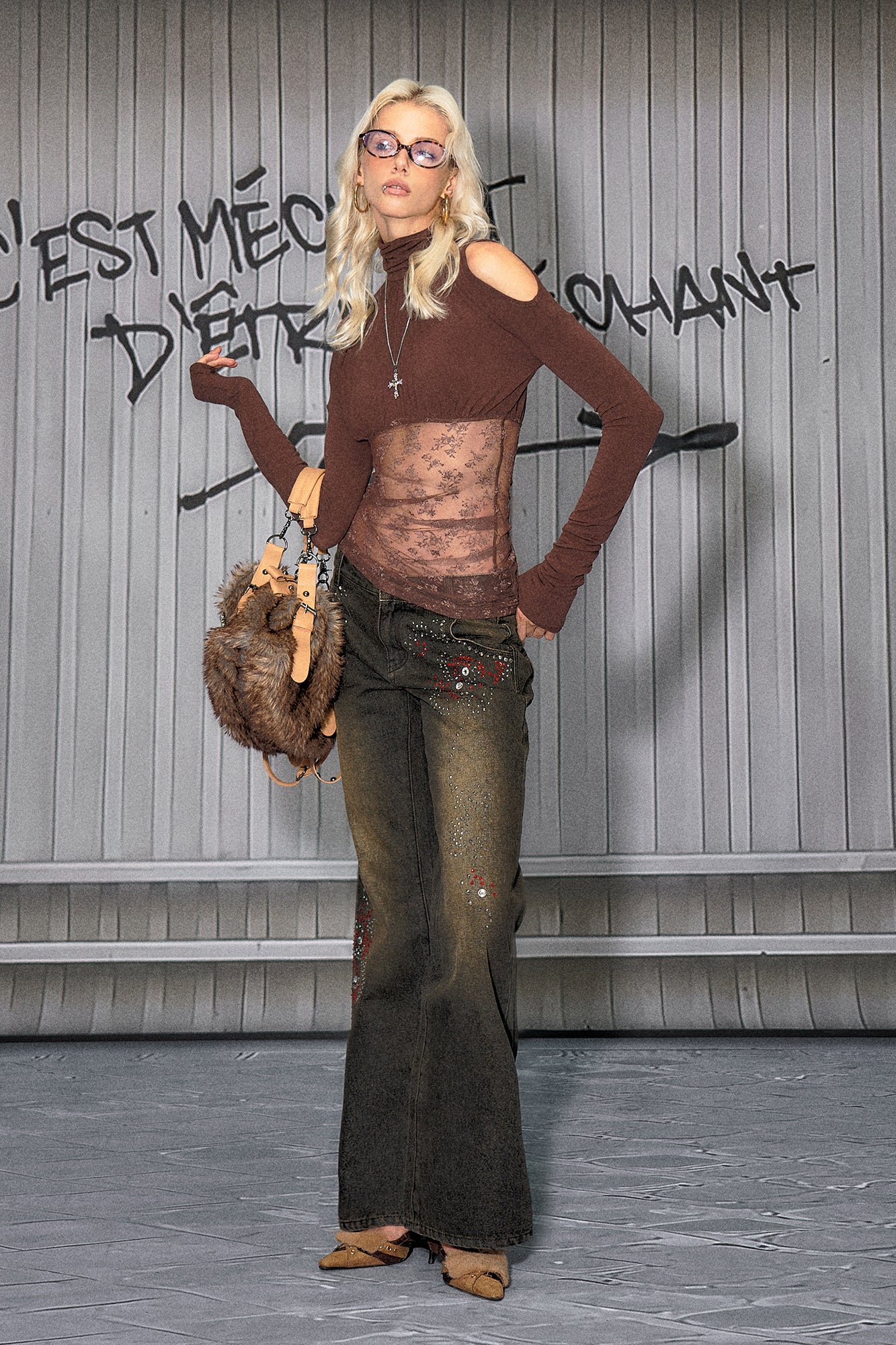 THE NEVERMORE Cold Shoulder Sheer Lace Panel Top