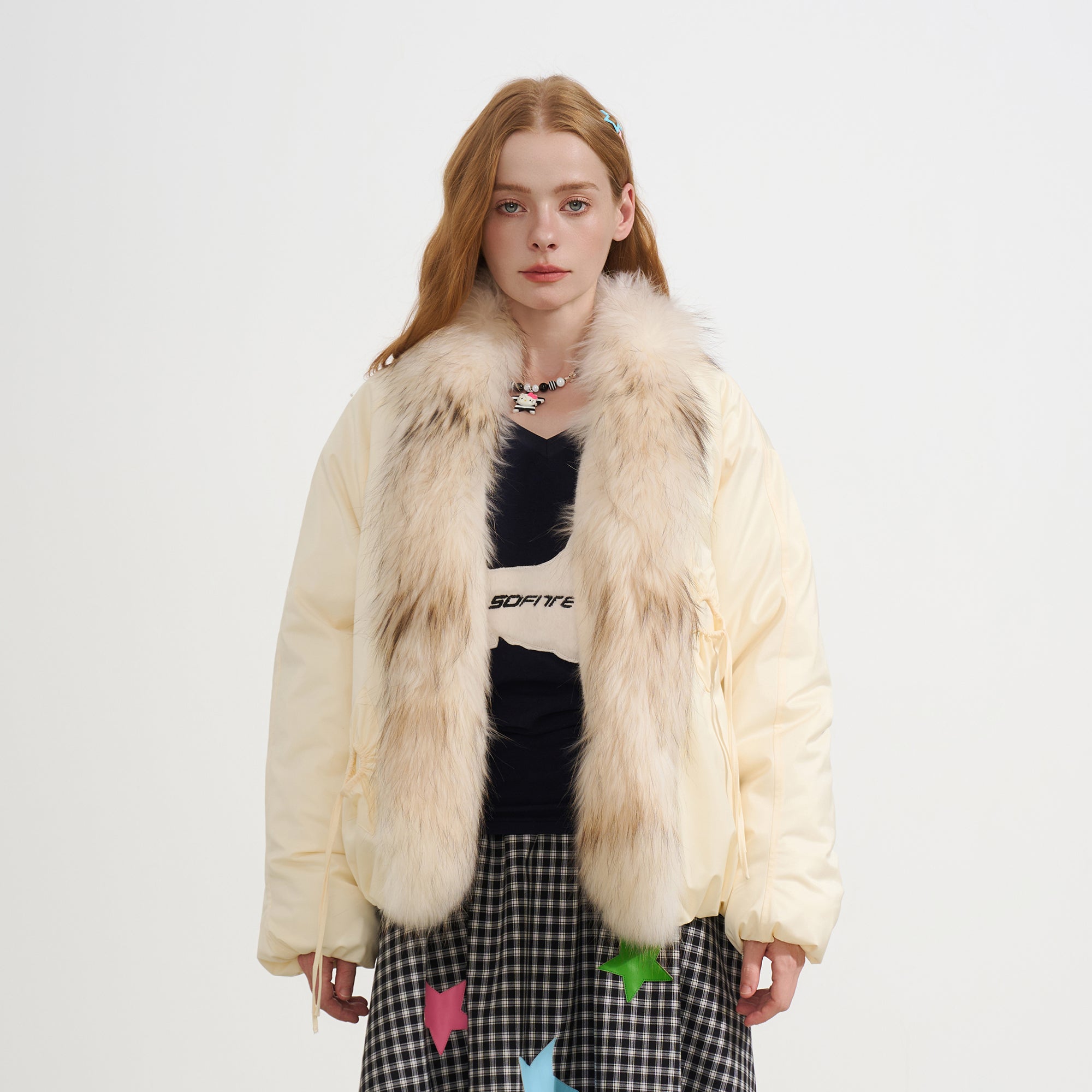 SOFITTE Detachable Faux Fur Trim Drawstring Pocket Jacket