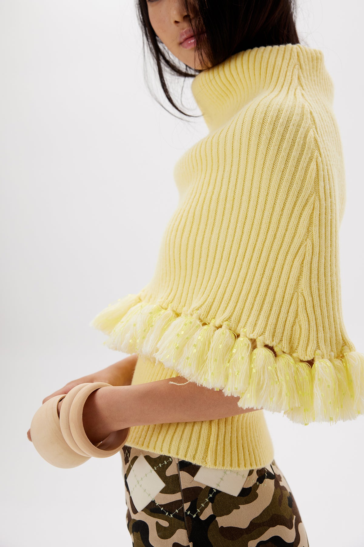 9266 STUDIO Tassel Trim Draped Turtleneck Knit Top