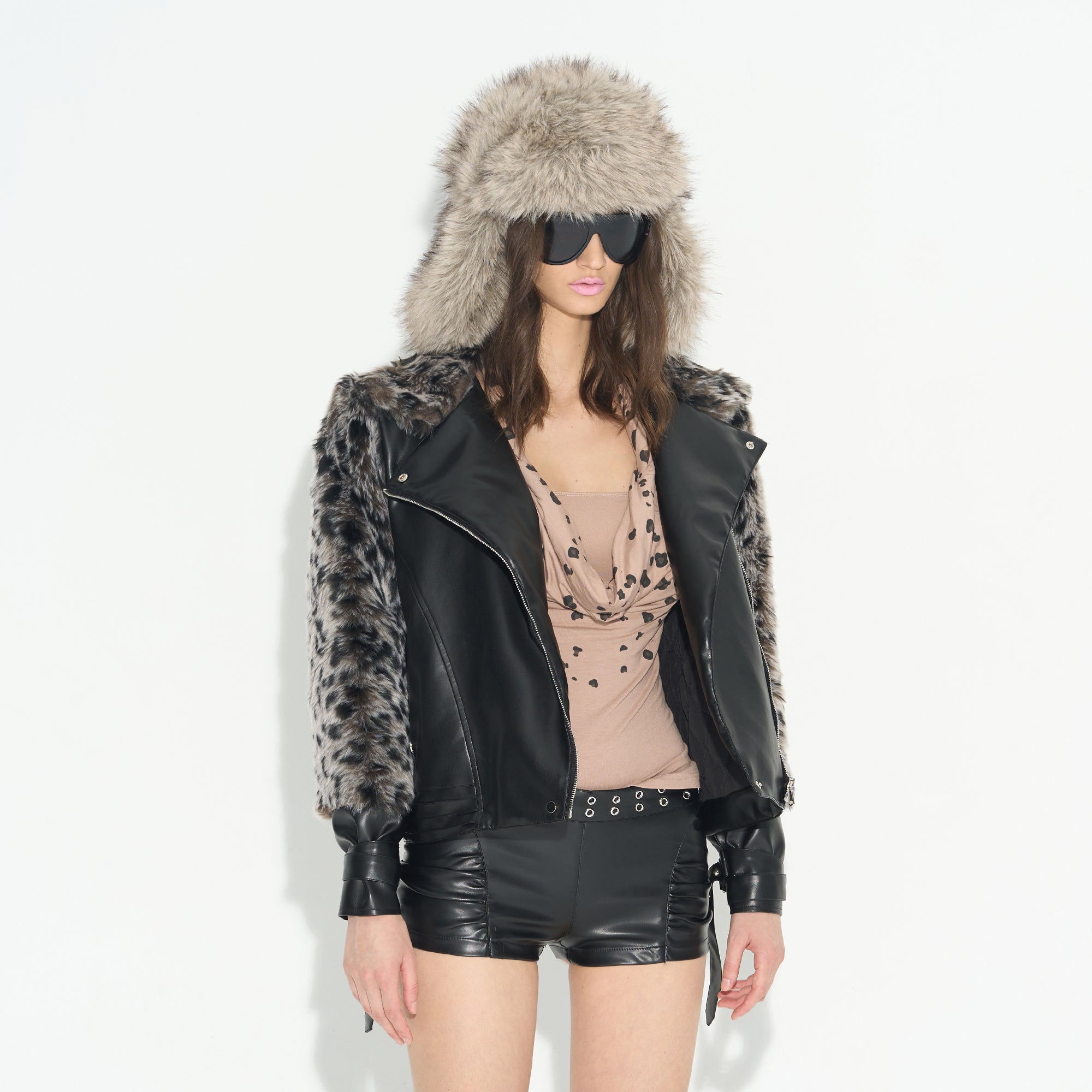 NEVER OFFEND L ANGEL Leopard Faux Fur Panel Biker Jacket