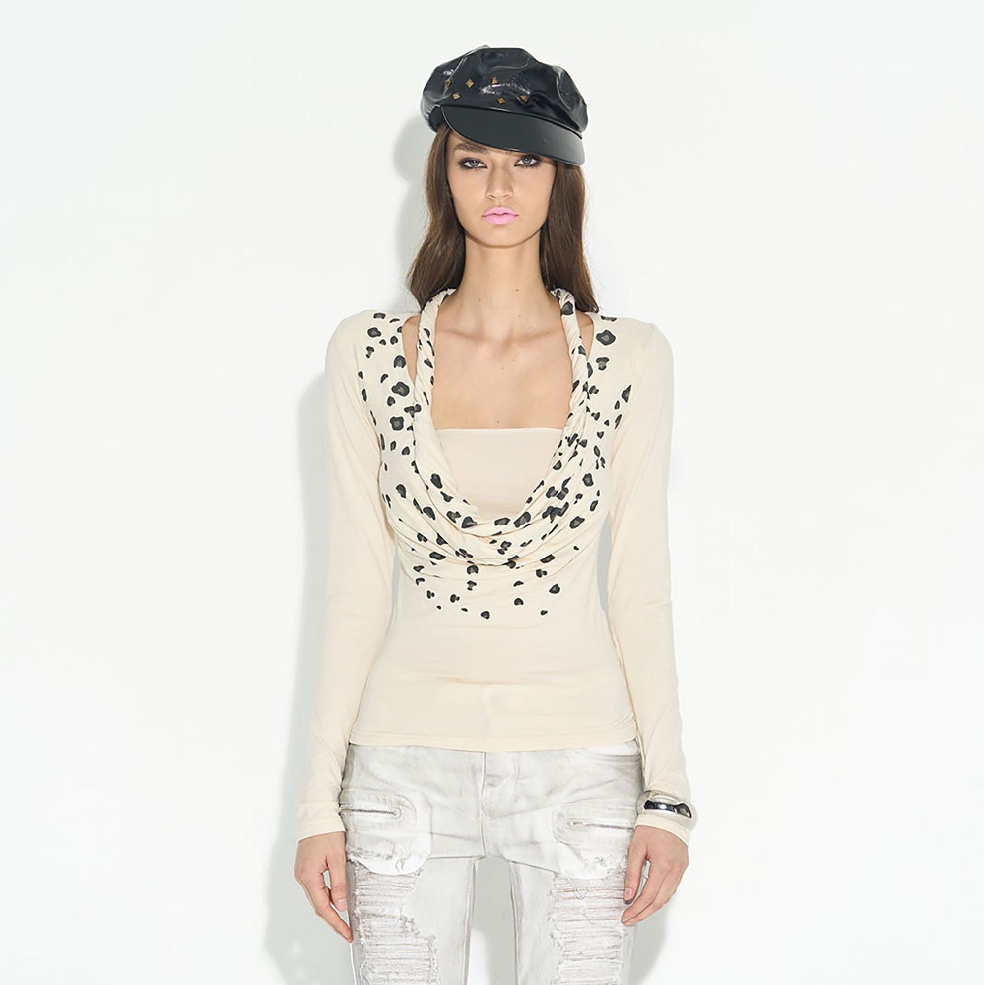 NEVER OFFEND L ANGEL Leopard-Draped Twisted Off-Shoulder Top