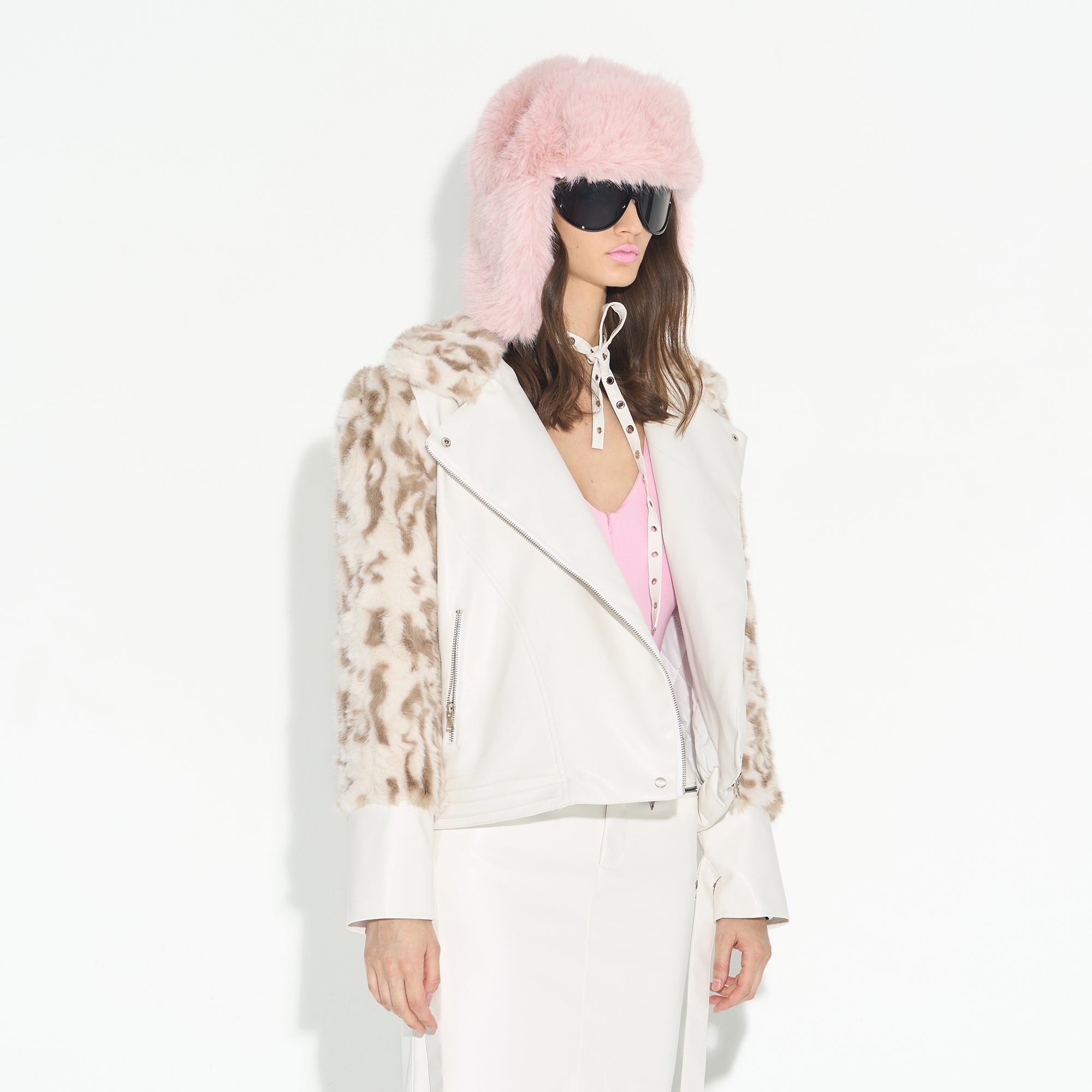 NEVER OFFEND L ANGEL Leopard Faux Fur Panel Biker Jacket