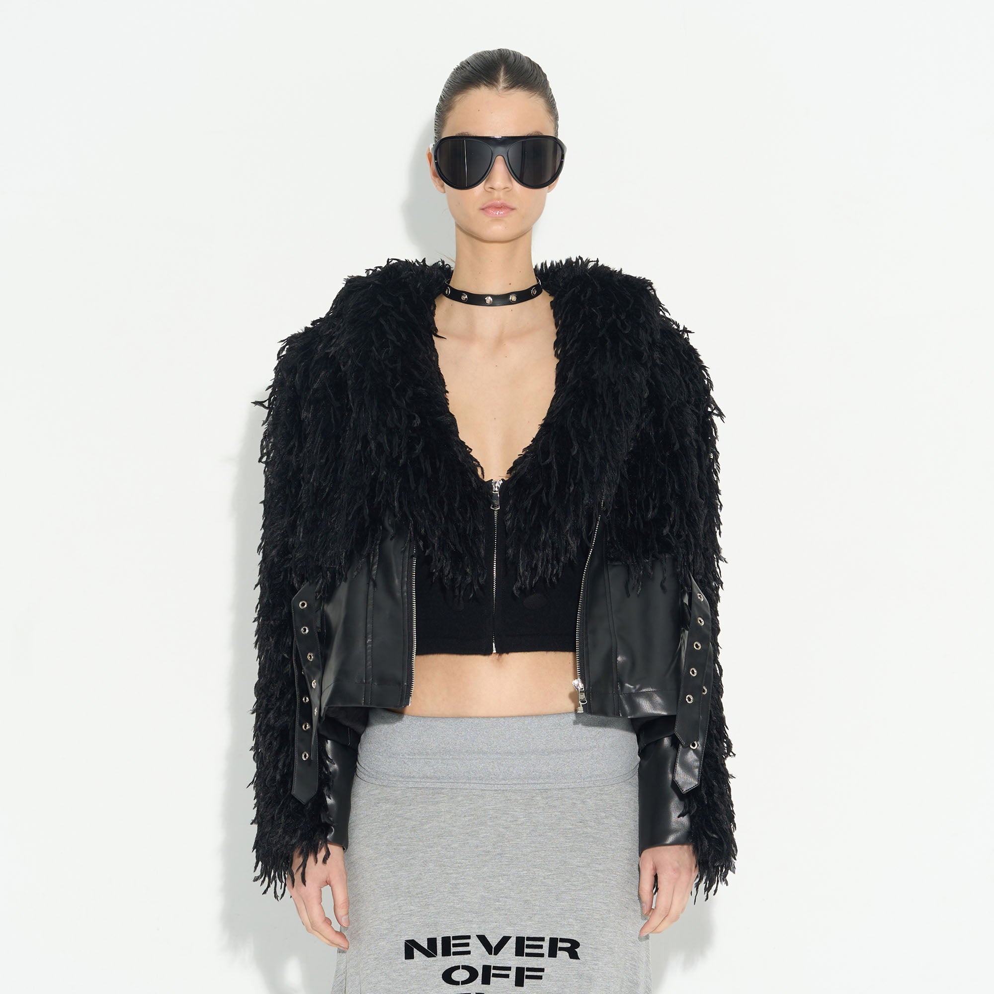 NEVER OFFEND L ANGEL Waisted Faux-Fur Spliced Faux Leather Jacket