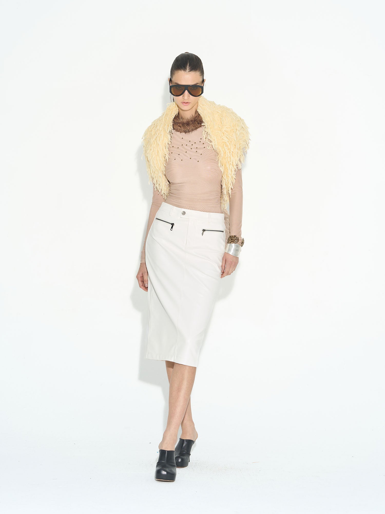 NEVER OFFEND L ANGEL Faux-Fur Collar Rivet Mesh Ruched Top