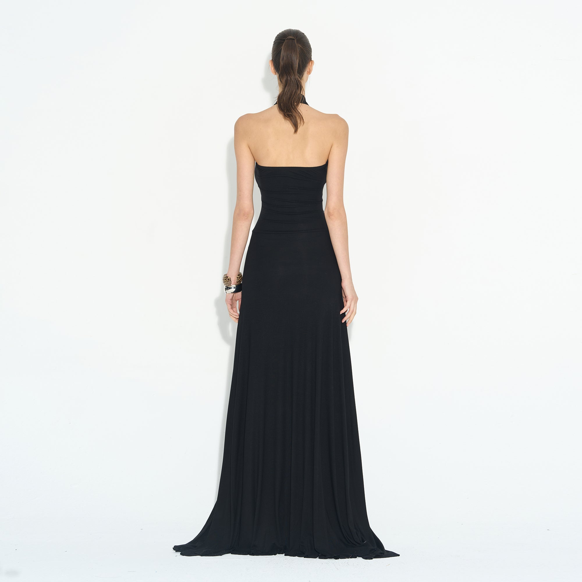 NEVER OFFEND L ANGEL Faux-Fur Panel Halter Gown