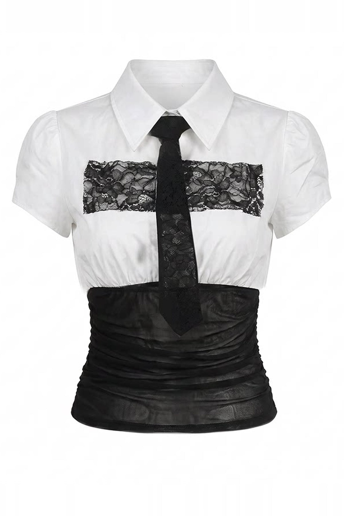 EMOHA Lace-Spliced Tie-Neck Slim Short-Sleeve Shirt — flat lay
