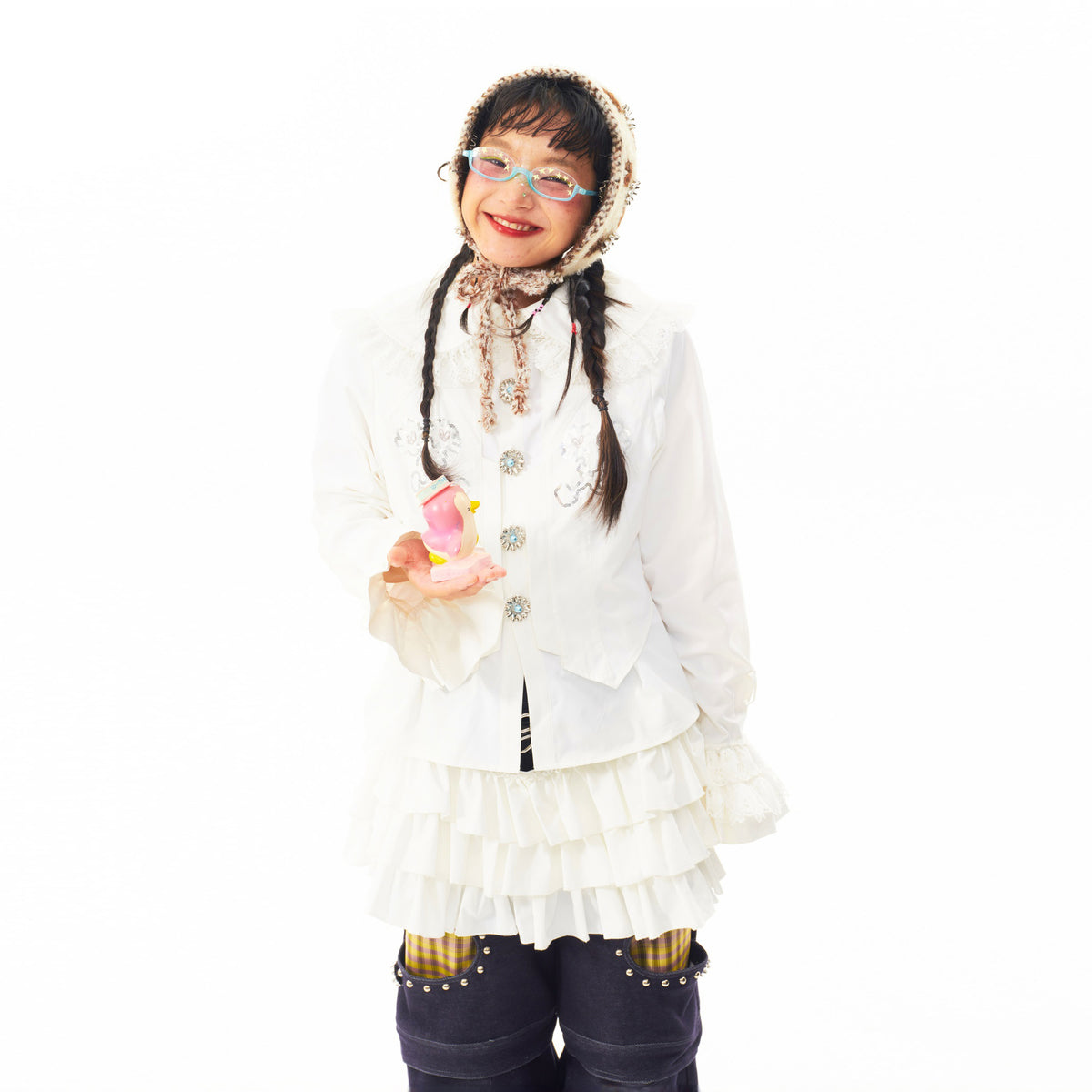 SILLYSIS Spliced Ruffle-Collar Crinkled Retro Shirt