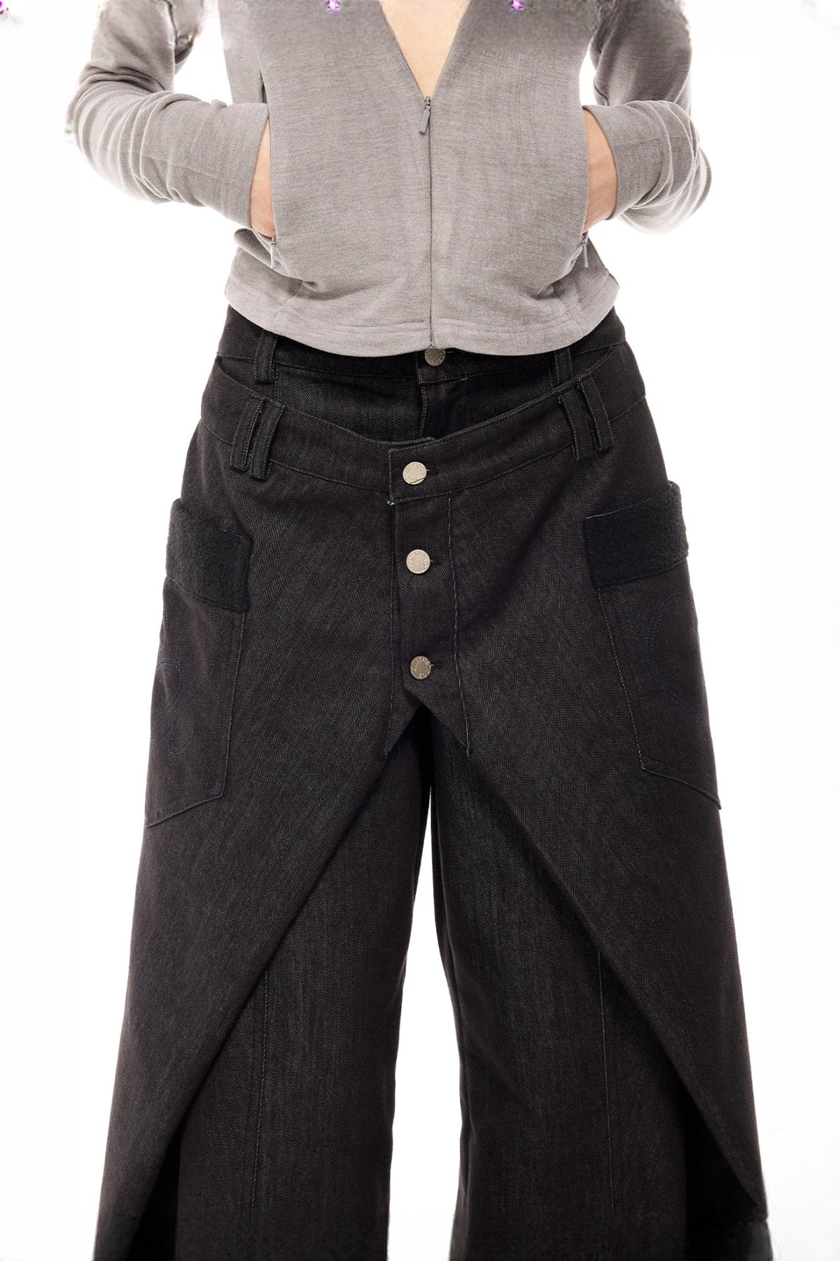 COSTUSTOOT Deconstructed Faux Two-Piece Curved Wide-Leg Black Jeans — half body