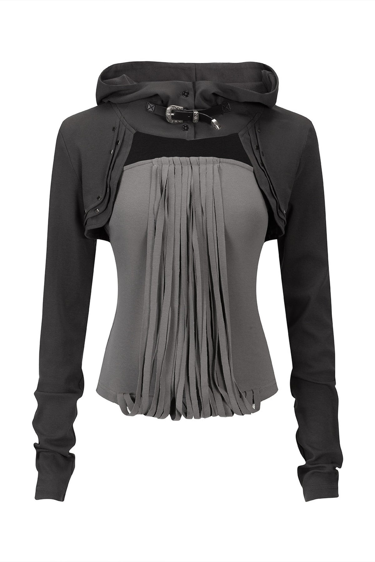 CESTNOUS Belted Frayed Studded Layered Hooded Long-Sleeve Tee — flat lay