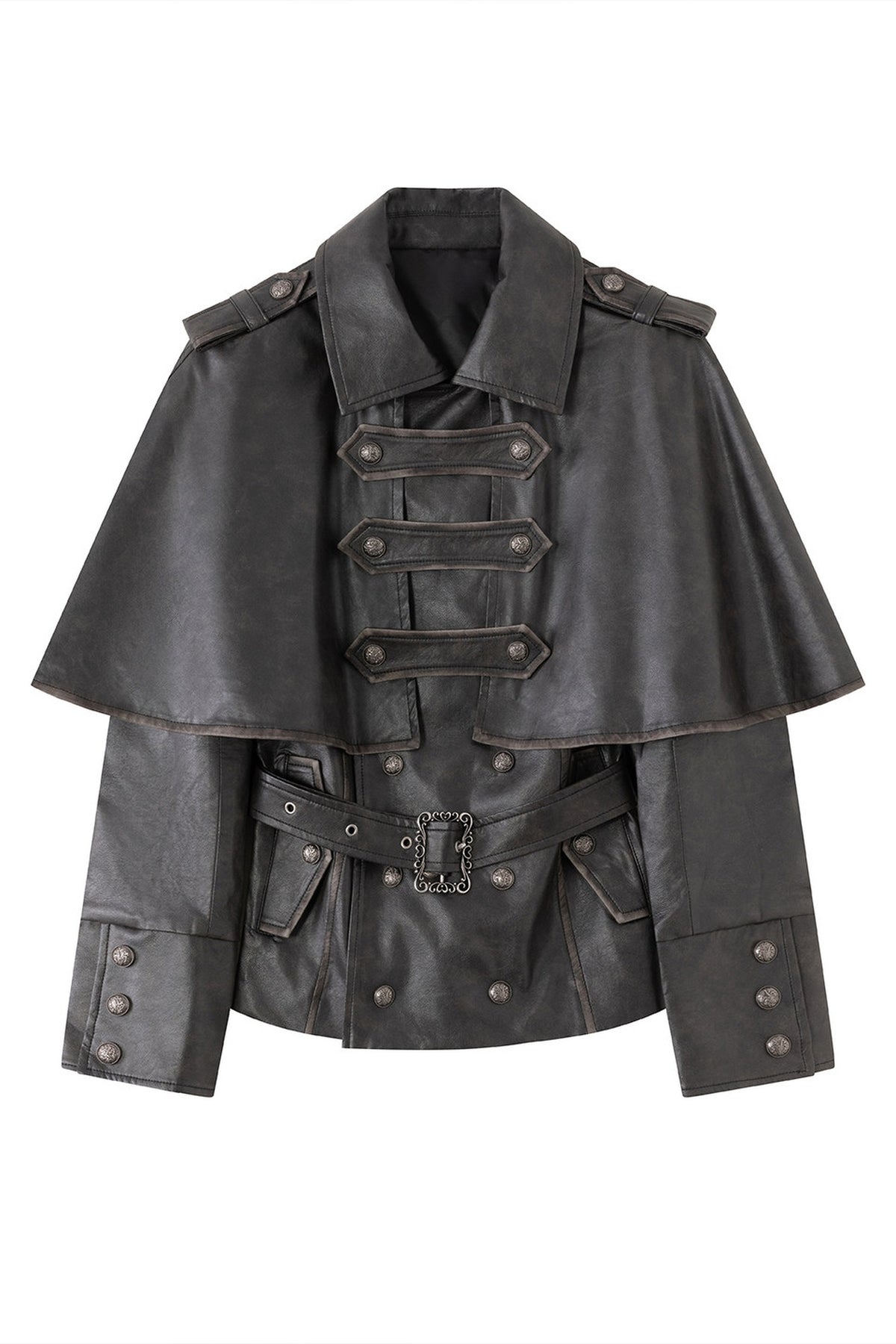 CESTNOUS Retro Washed Detachable Cape Belted Faux Leather Jacket — flat lay