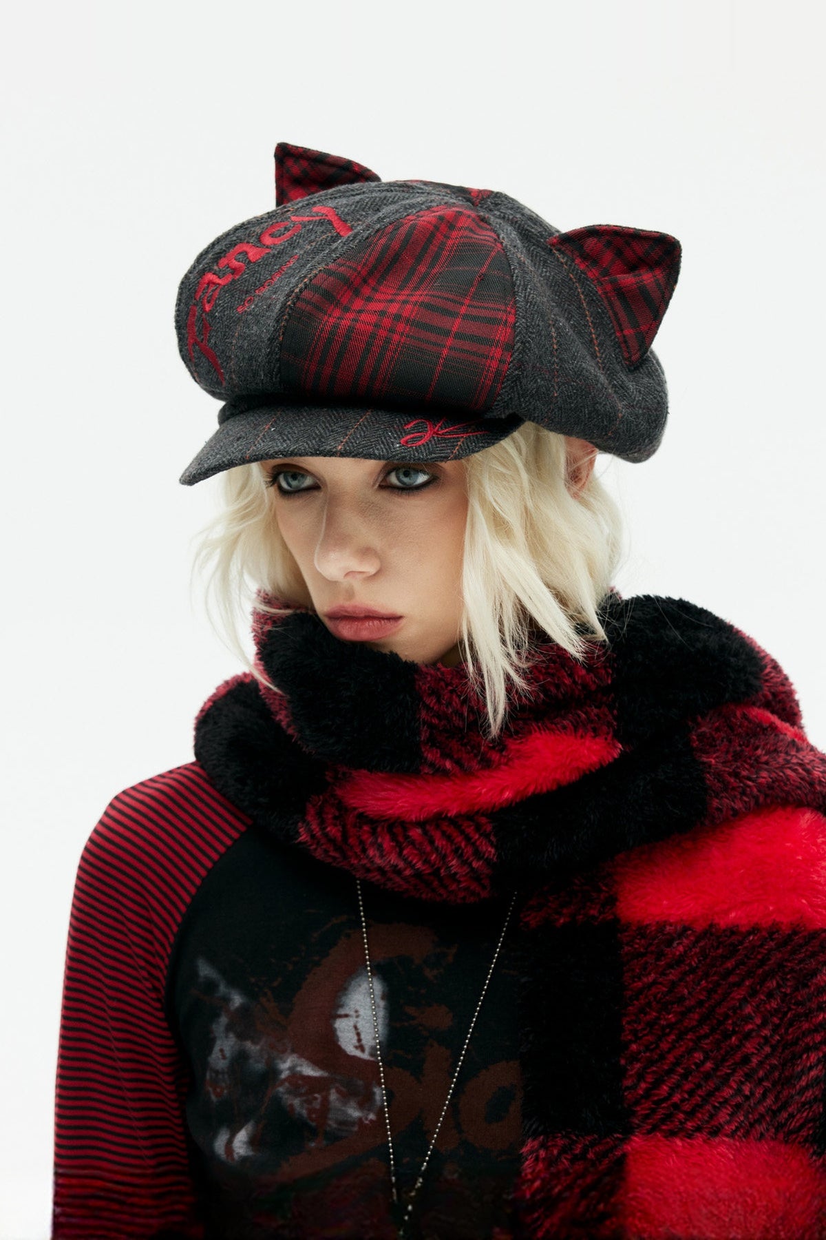 EMOHA Cat Ear Plaid Newsboy Cap — half body