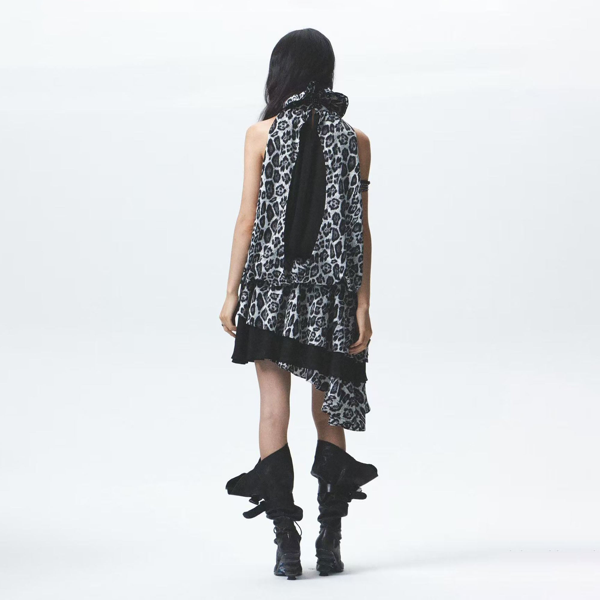 NONAME SPACE Asymmetrical Layered Leopard Ruffle Dress