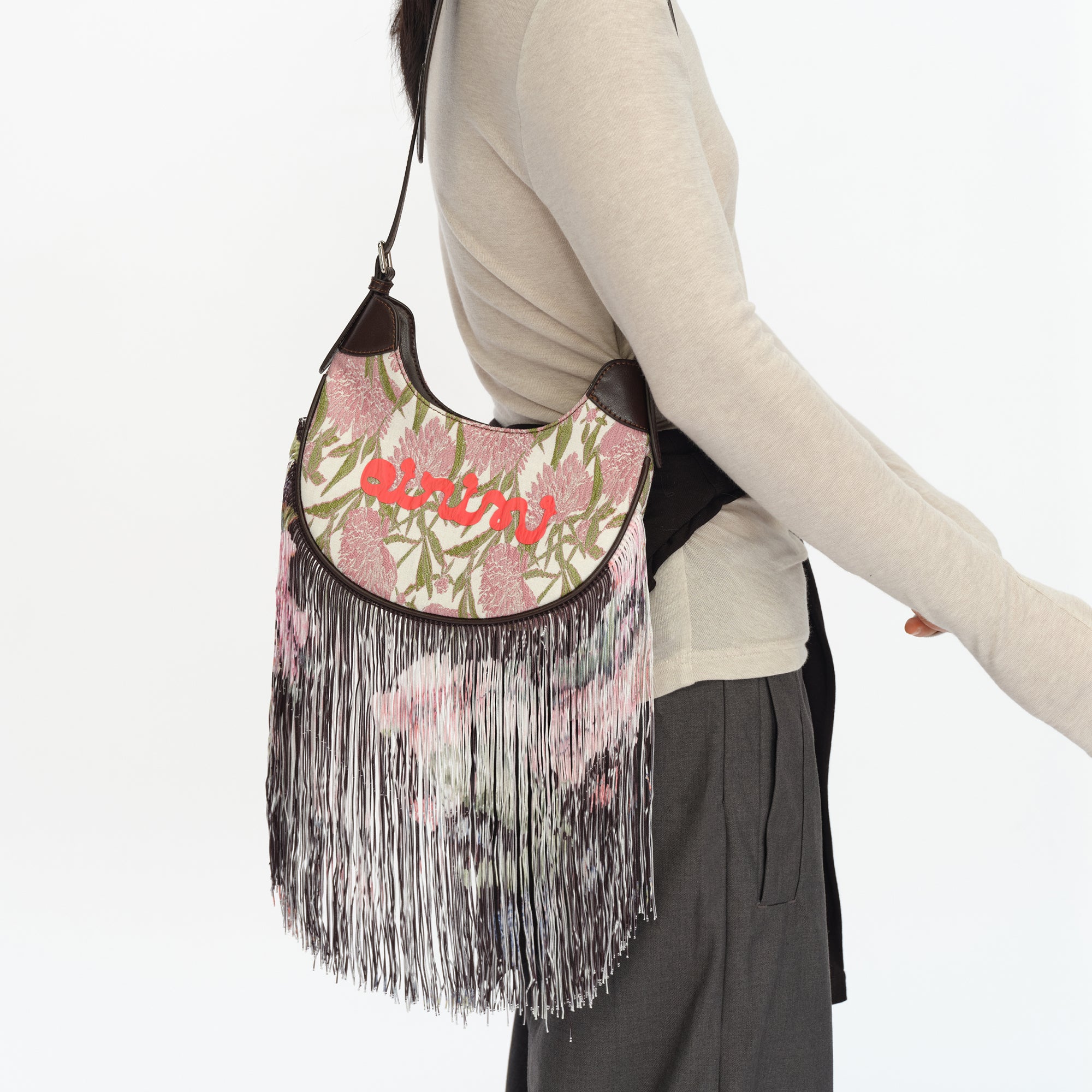 OINIMI Floral Jacquard Fringe Saddle Bag