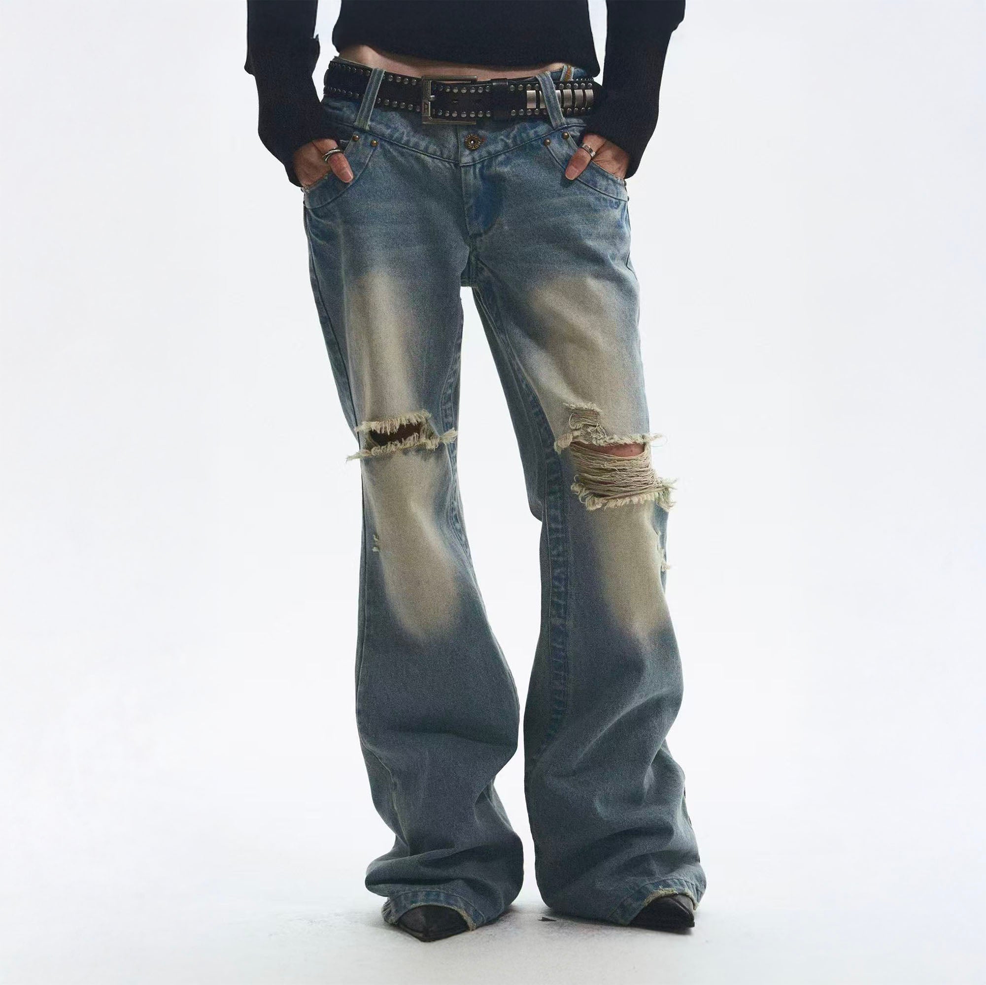 NONAME SPACE Ripped Washed Flared Jeans