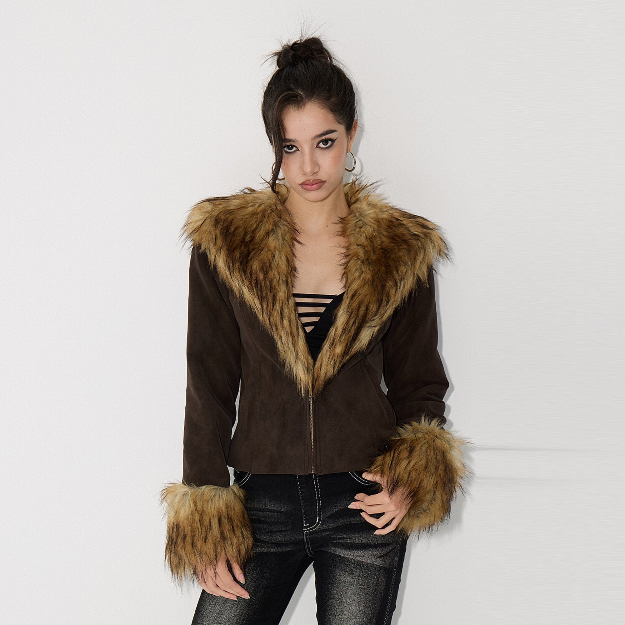 AE30 SAINT Faux Fur Trimmed V-Neck Jacket