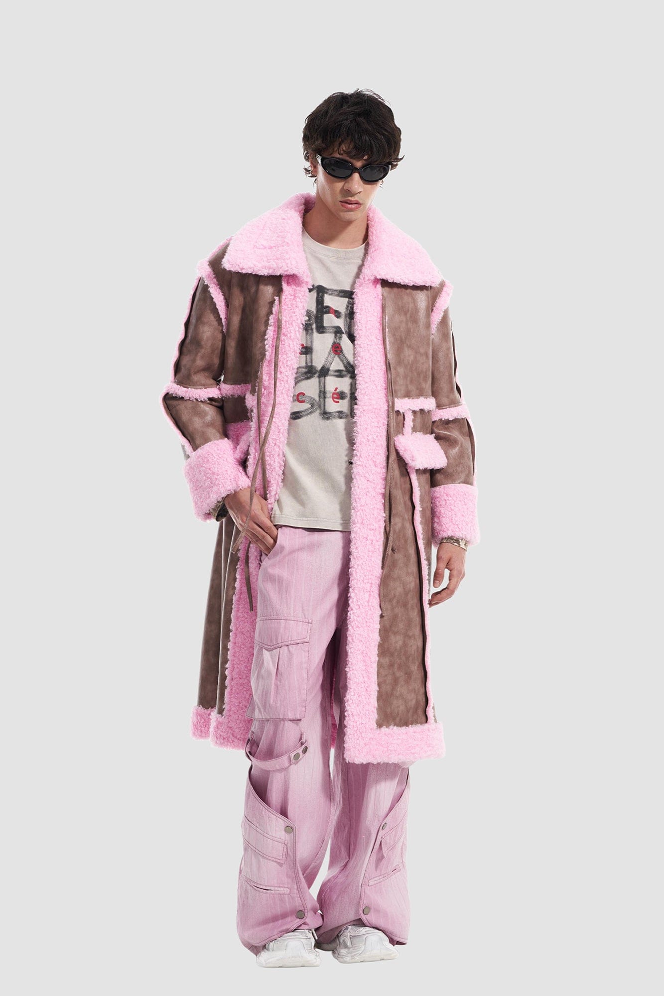 VANN VALRENCE Shearling-Trim Panel PU Long Coat