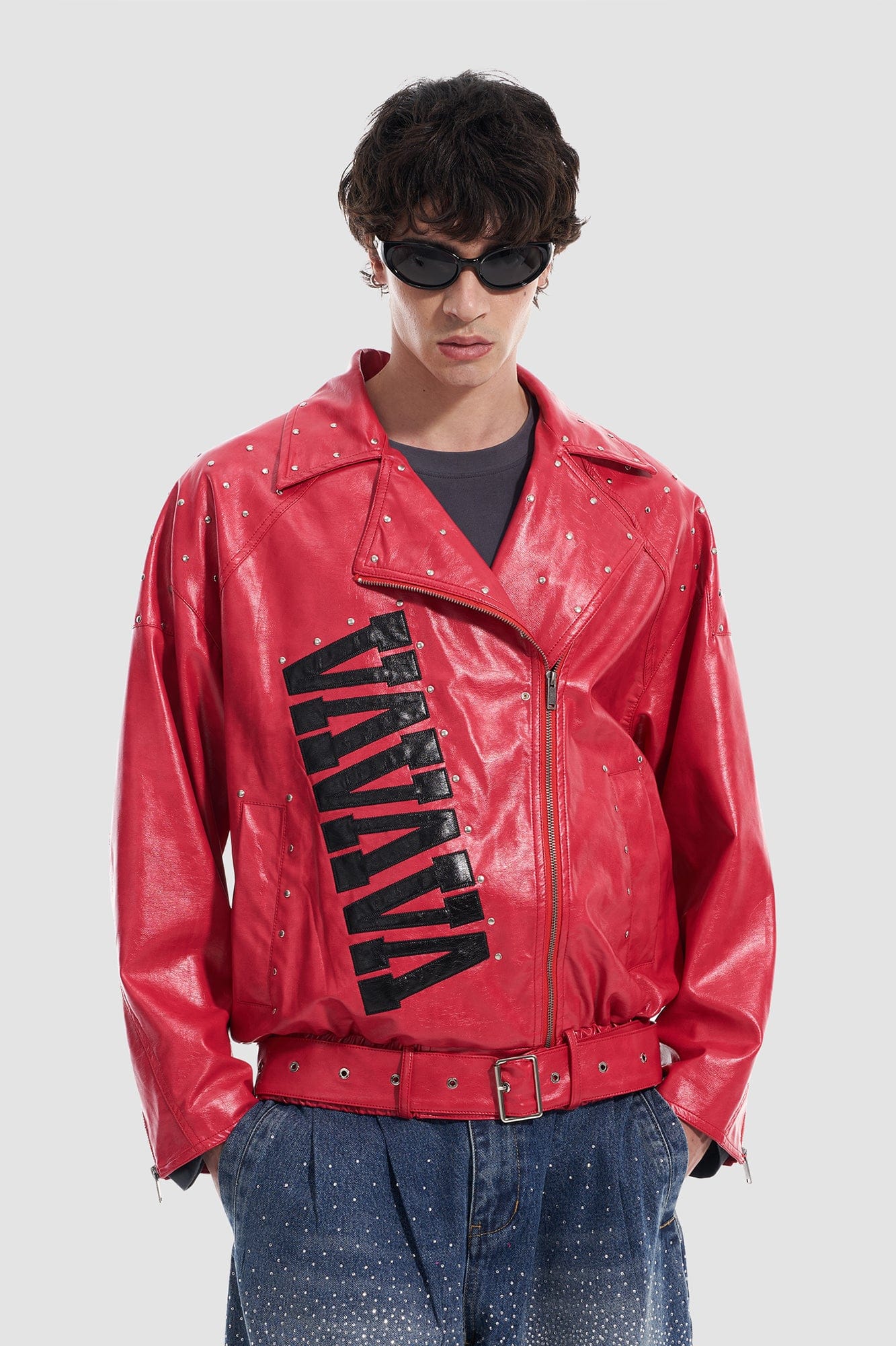 VANN VALRENCE Studded LOGO Faux Leather Biker Jacket