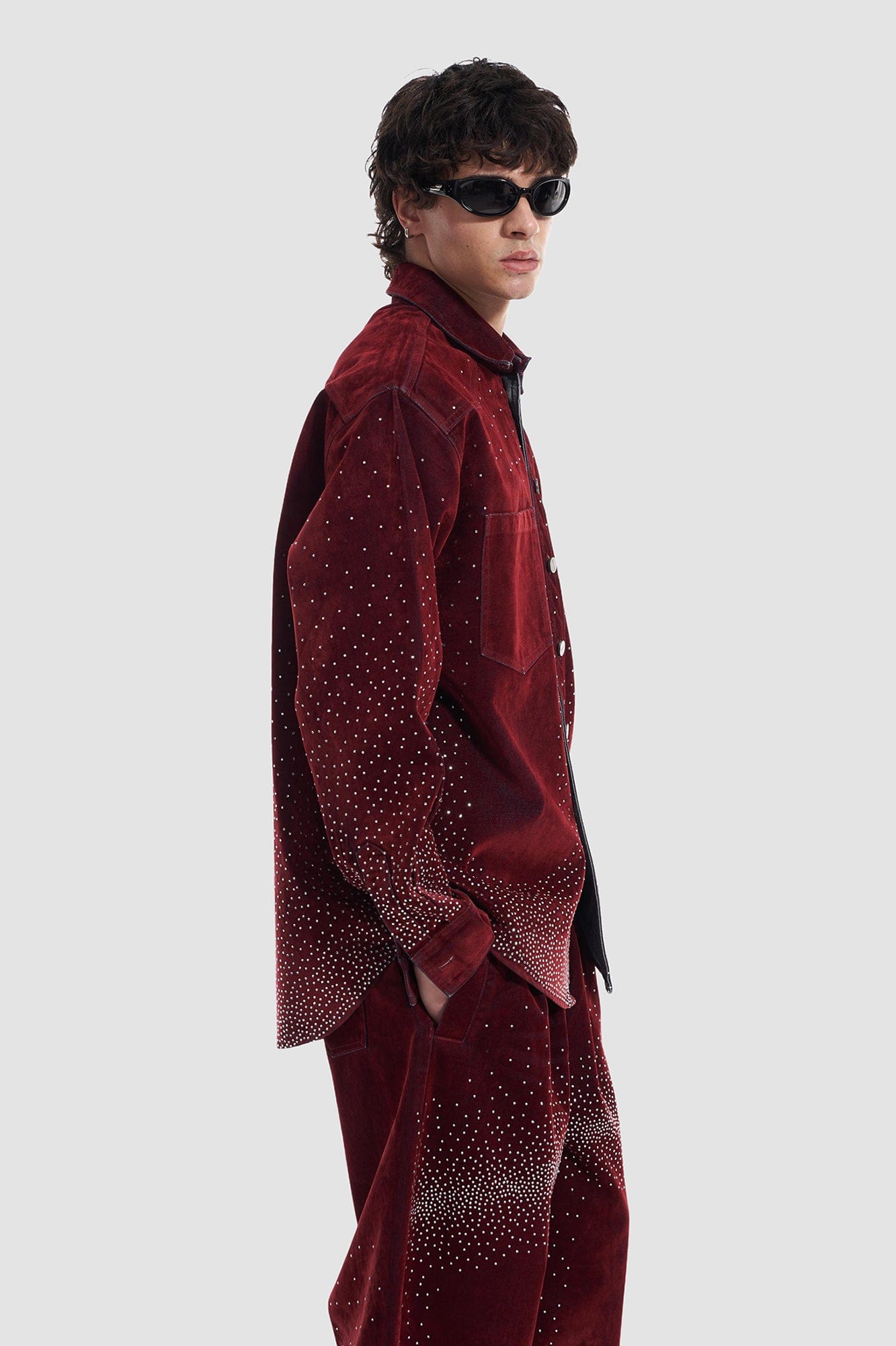 VANN VALRENCE Diamond-Studded Velvet Shirt Jacket