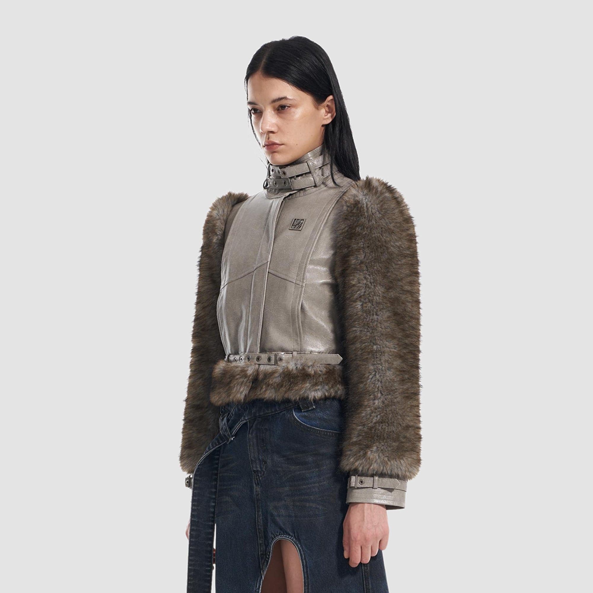 VANN VALRENCE Faux Leather Shearling Sleeve Cropped Jacket