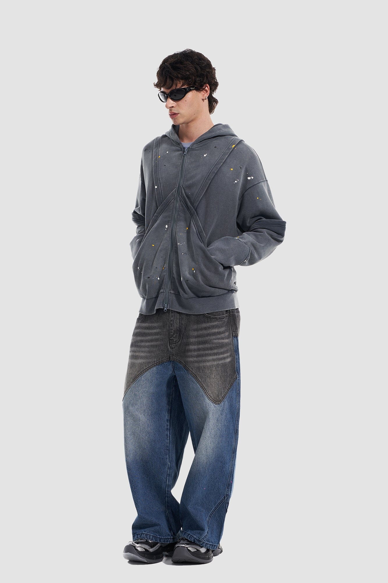 VANN VALRENCE Washed Paint-Splattered Paneled Zip Hoodie