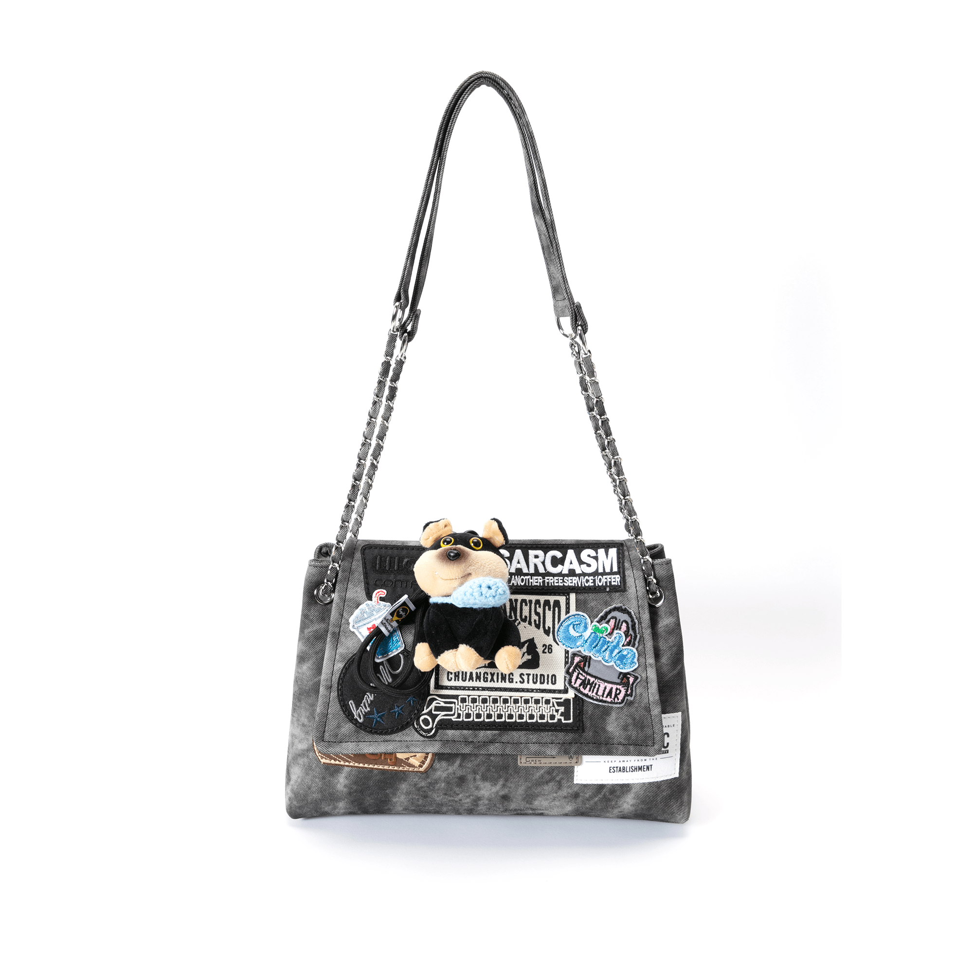 BLING BOX Patched Graffiti Washed Shoulder Bag