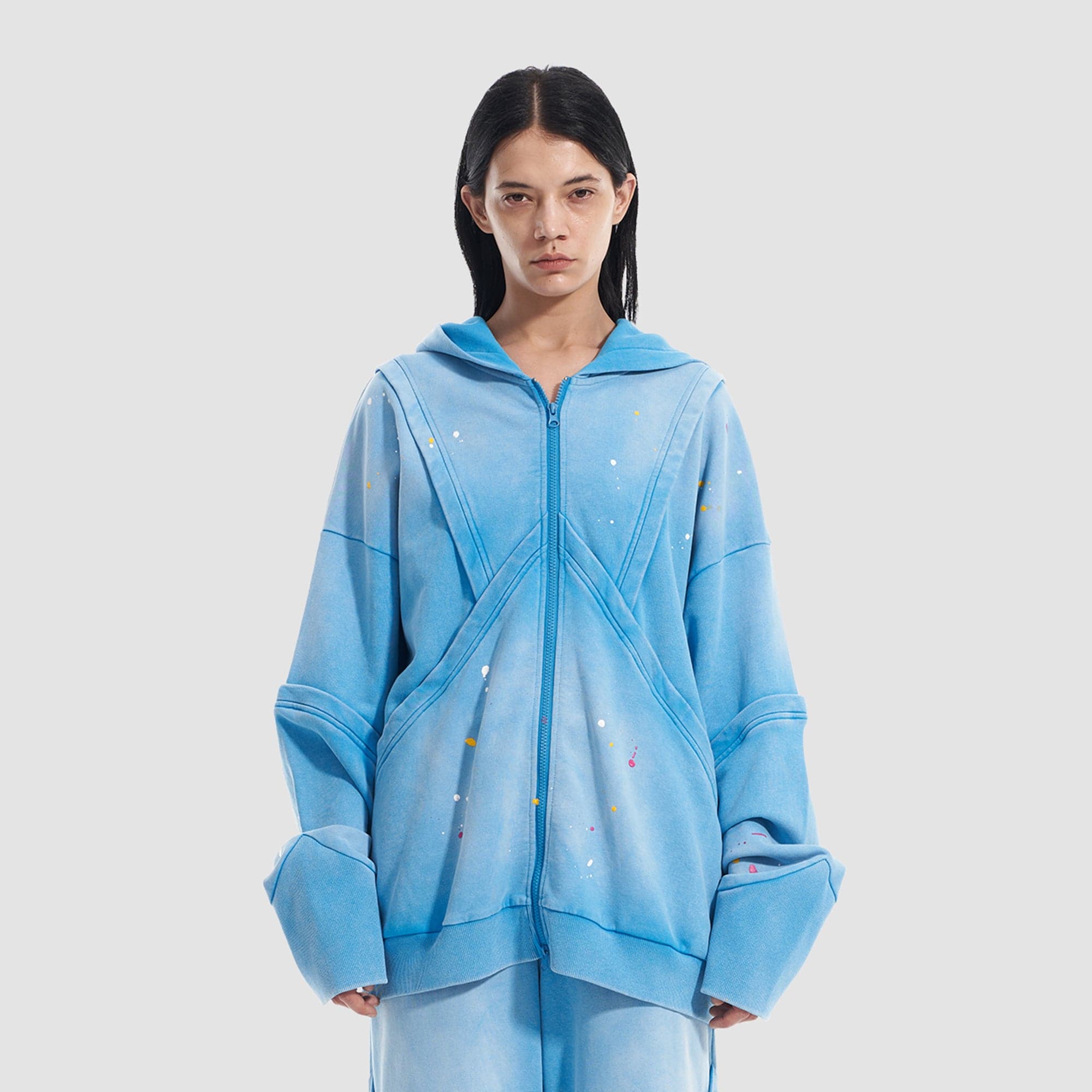 VANN VALRENCE Washed Paint-Splattered Paneled Zip Hoodie