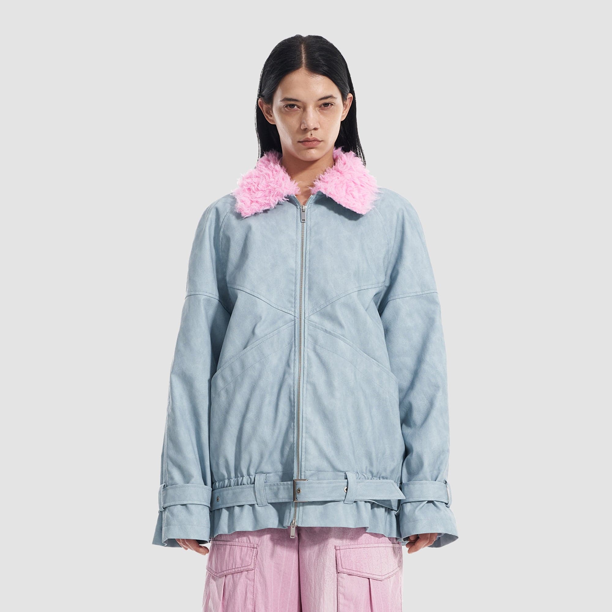 VANN VALRENCE Contrast Faux Fur Collar Belted Jacket