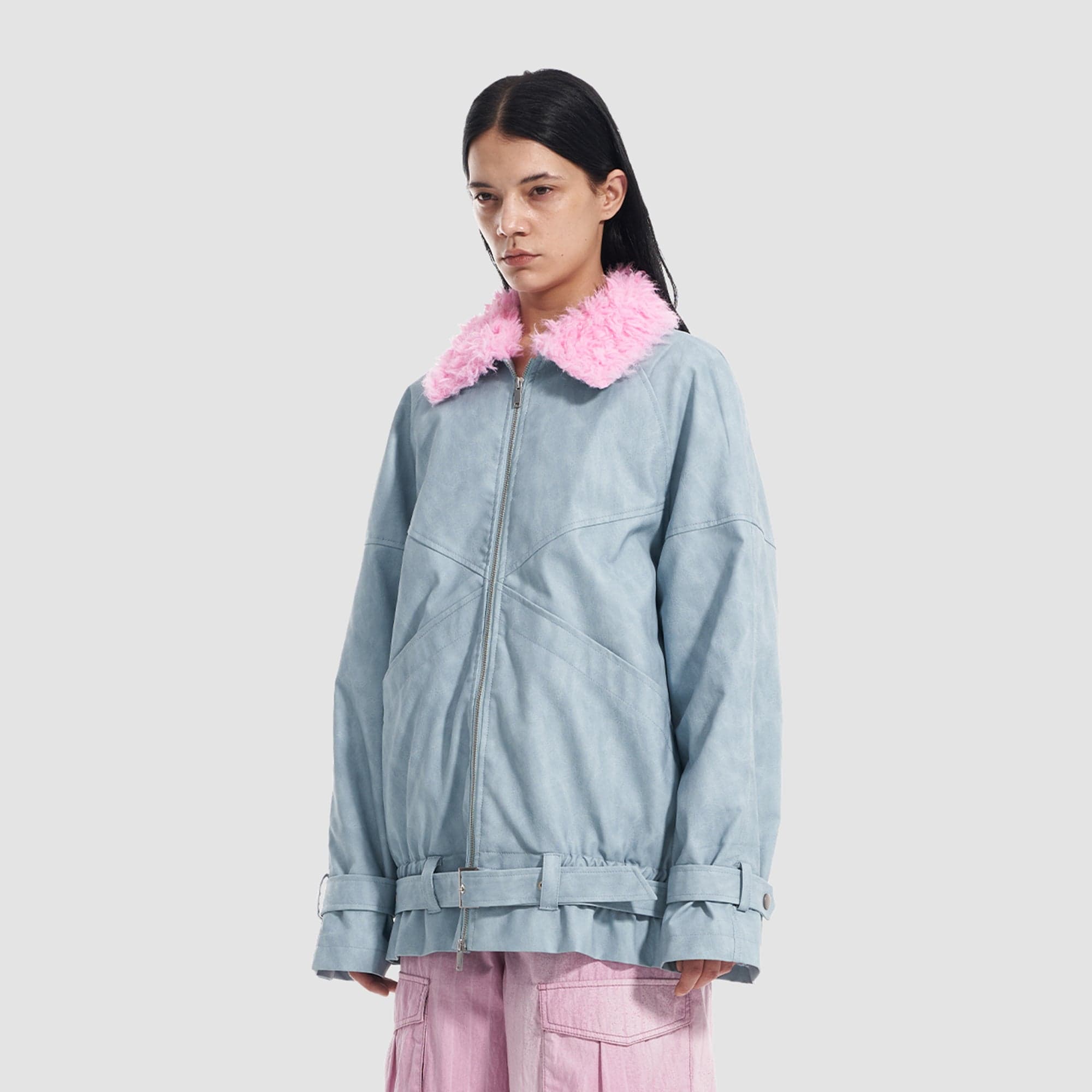 VANN VALRENCE Contrast Faux Fur Collar Belted Jacket