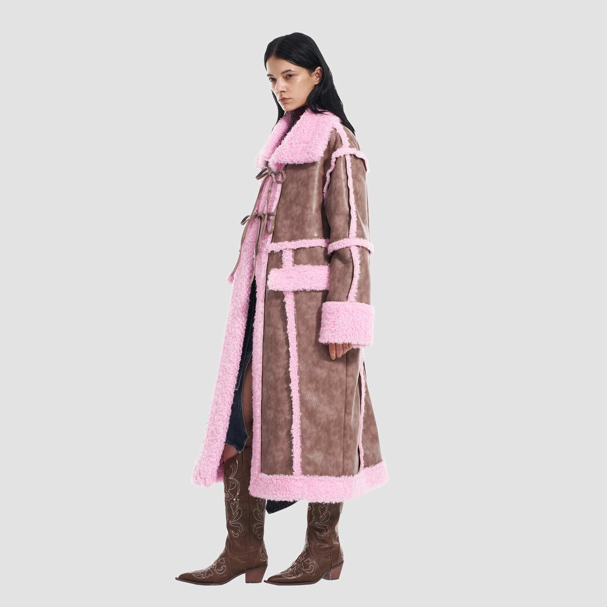 VANN VALRENCE Shearling-Trim Panel PU Long Coat