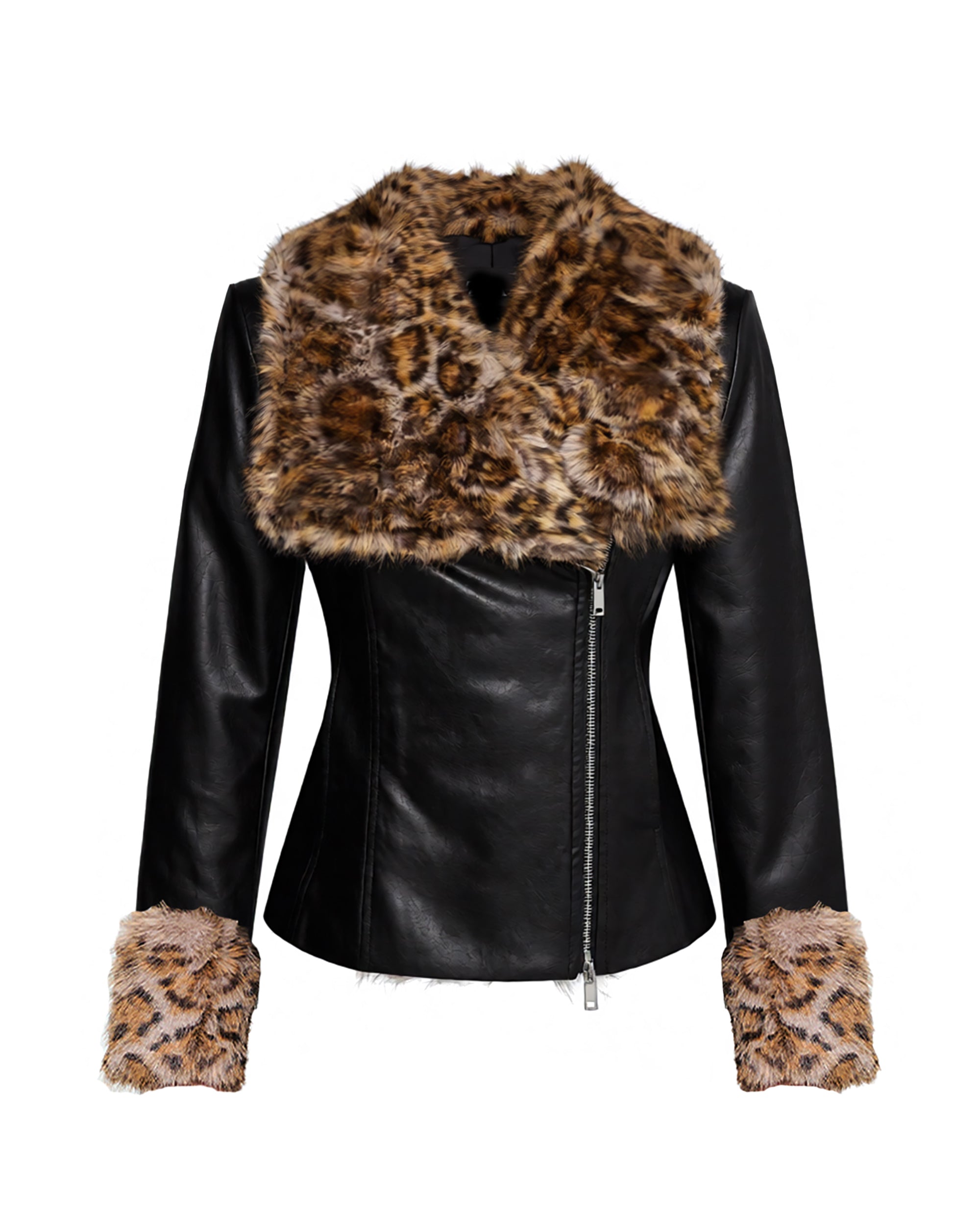 AE30 SAINT Leopard Fur-Collar Faux-Leather Jacket