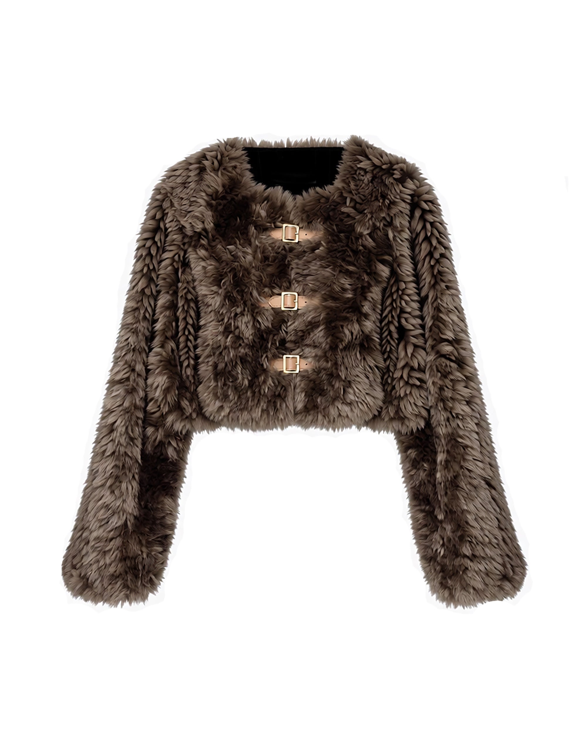 AE30 SAINT Faux Leather Buckles Faux-Fur Cropped Coat