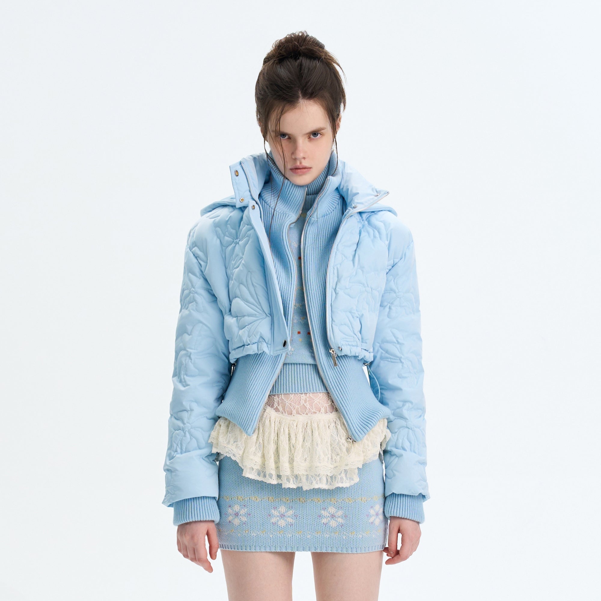 THE NEVERMORE Floral Quilted Mock-Layered Cropped Down Jacket