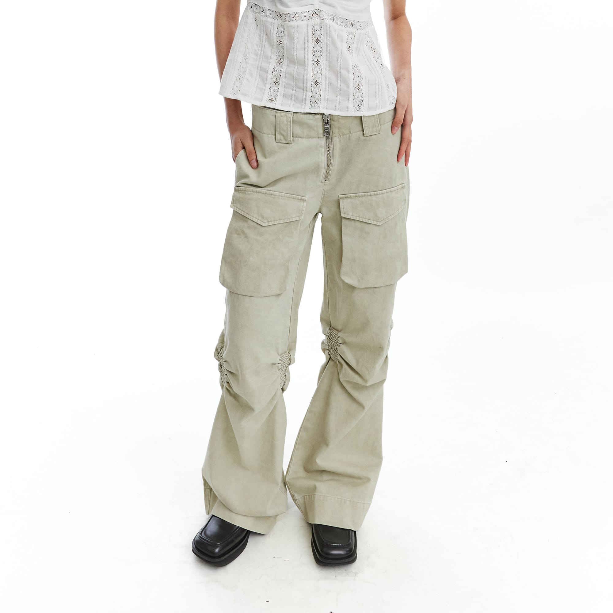 NEVERSEEZ Distressed Ruched-Knee Flared Cargo Pants
