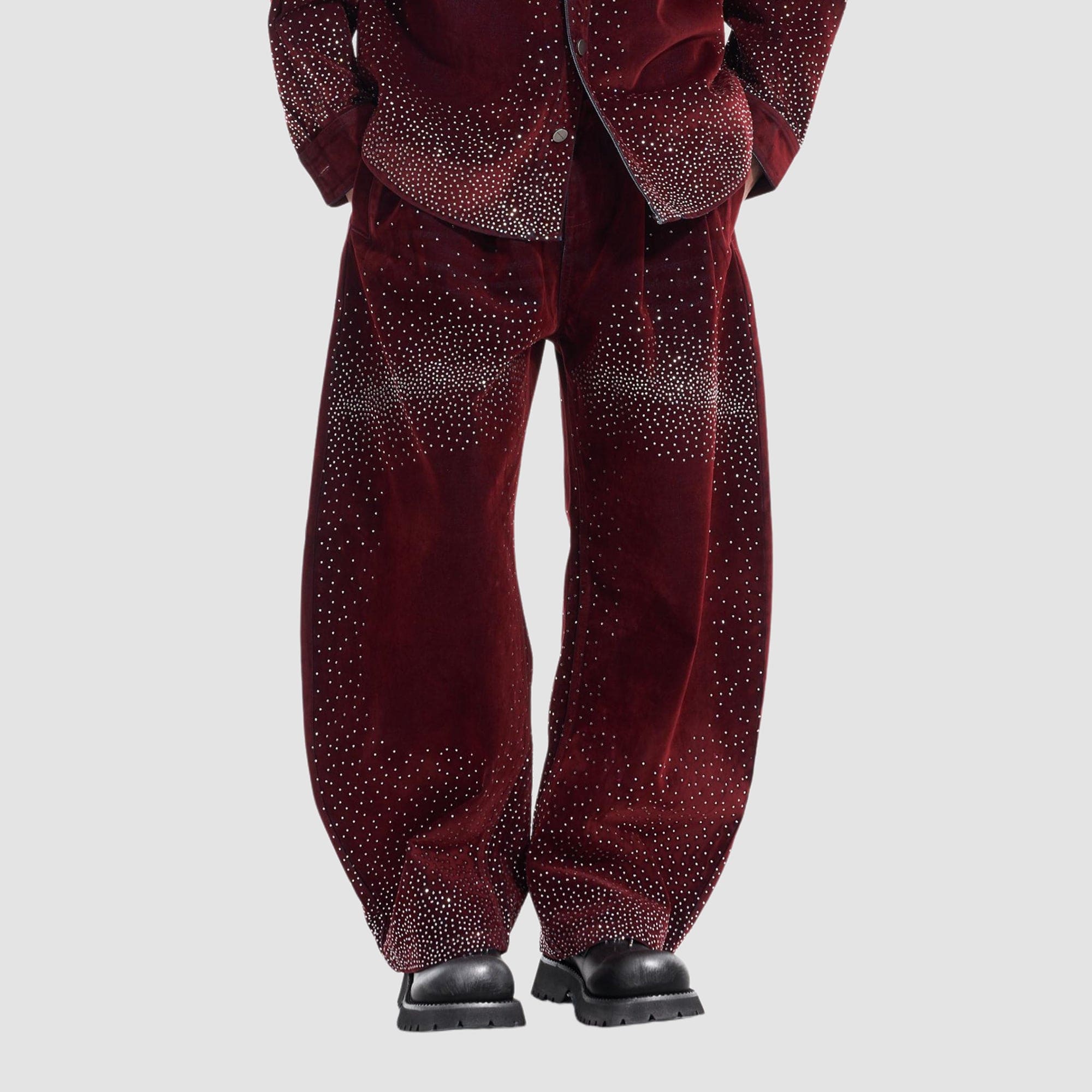 VANN VALRENCE Diamond-Studded Velvet Barrel Leg Trousers