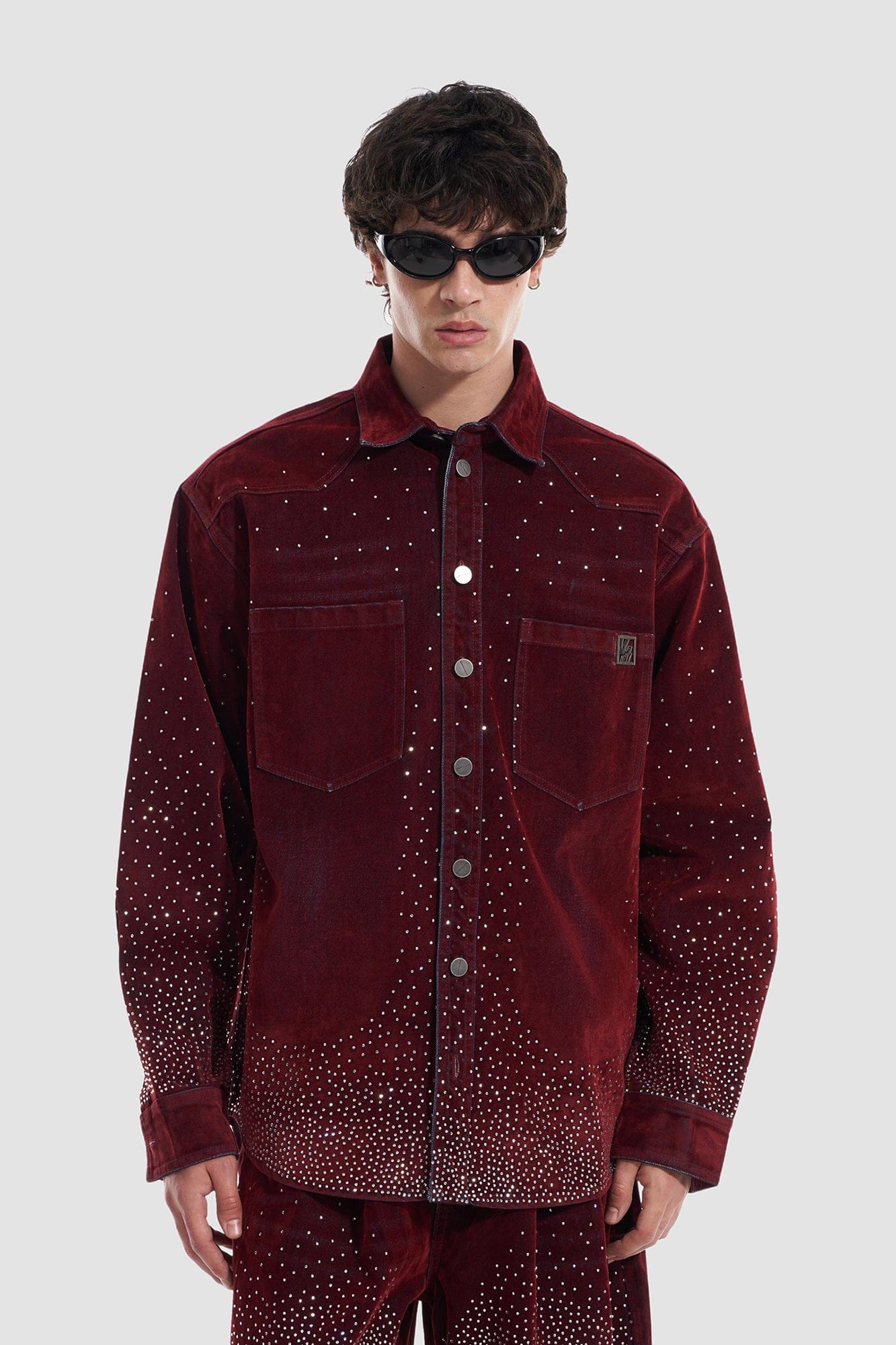VANN VALRENCE Diamond-Studded Velvet Shirt Jacket