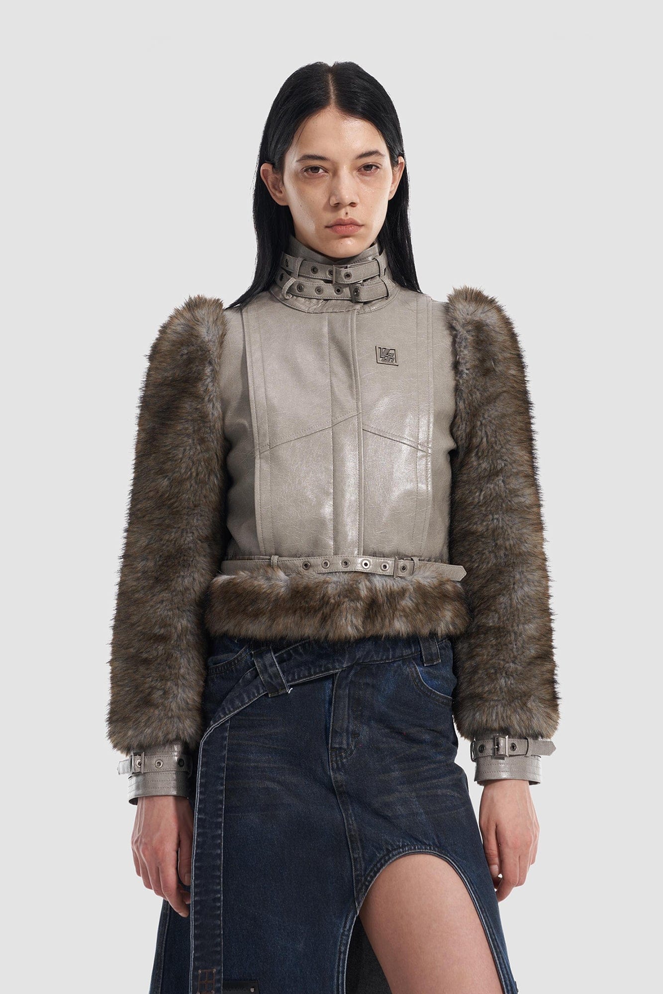 VANN VALRENCE Faux Leather Shearling Sleeve Cropped Jacket