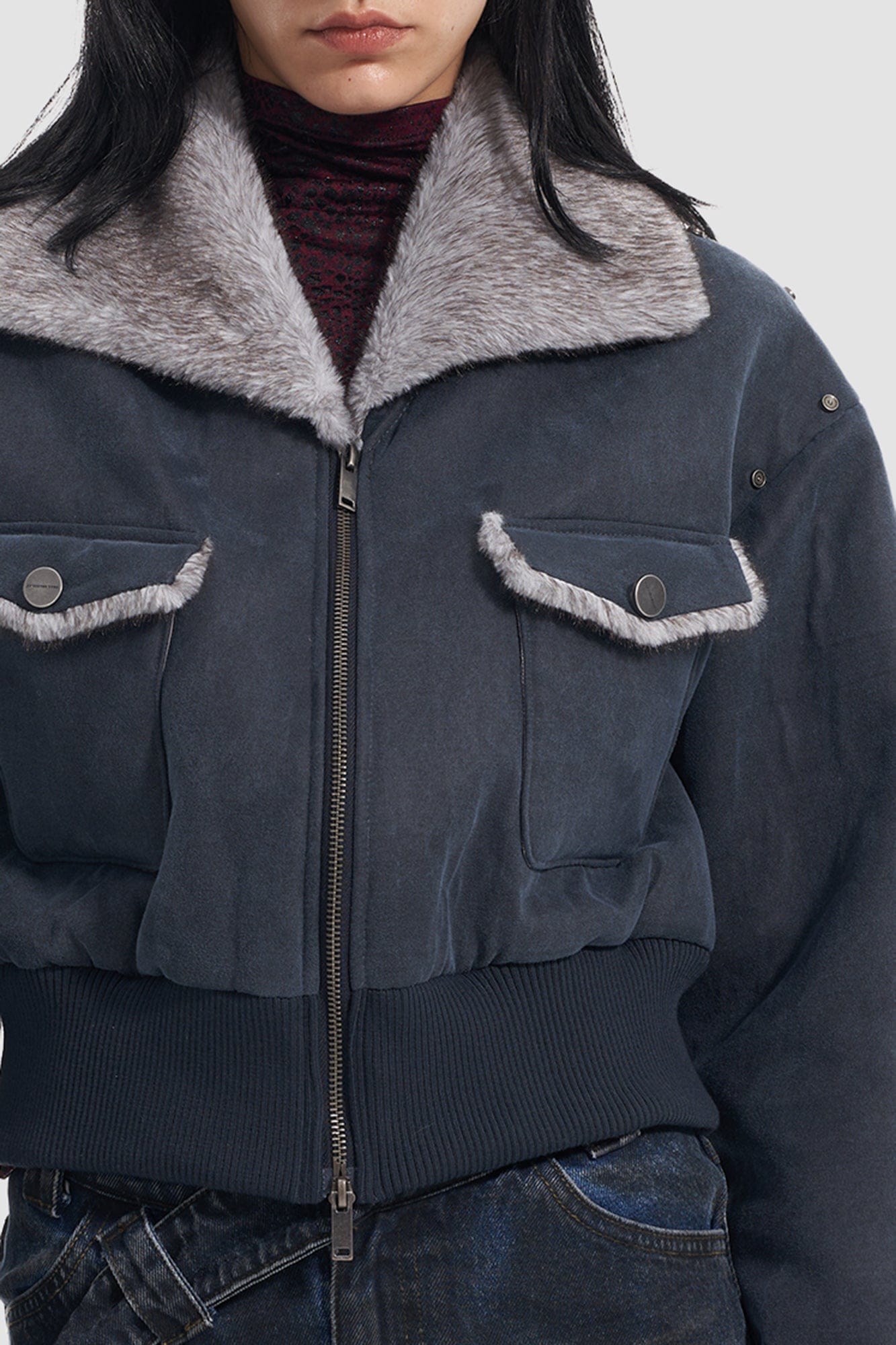 VANN VALRENCE Rivet Faux Fur Lined Cropped Jacket