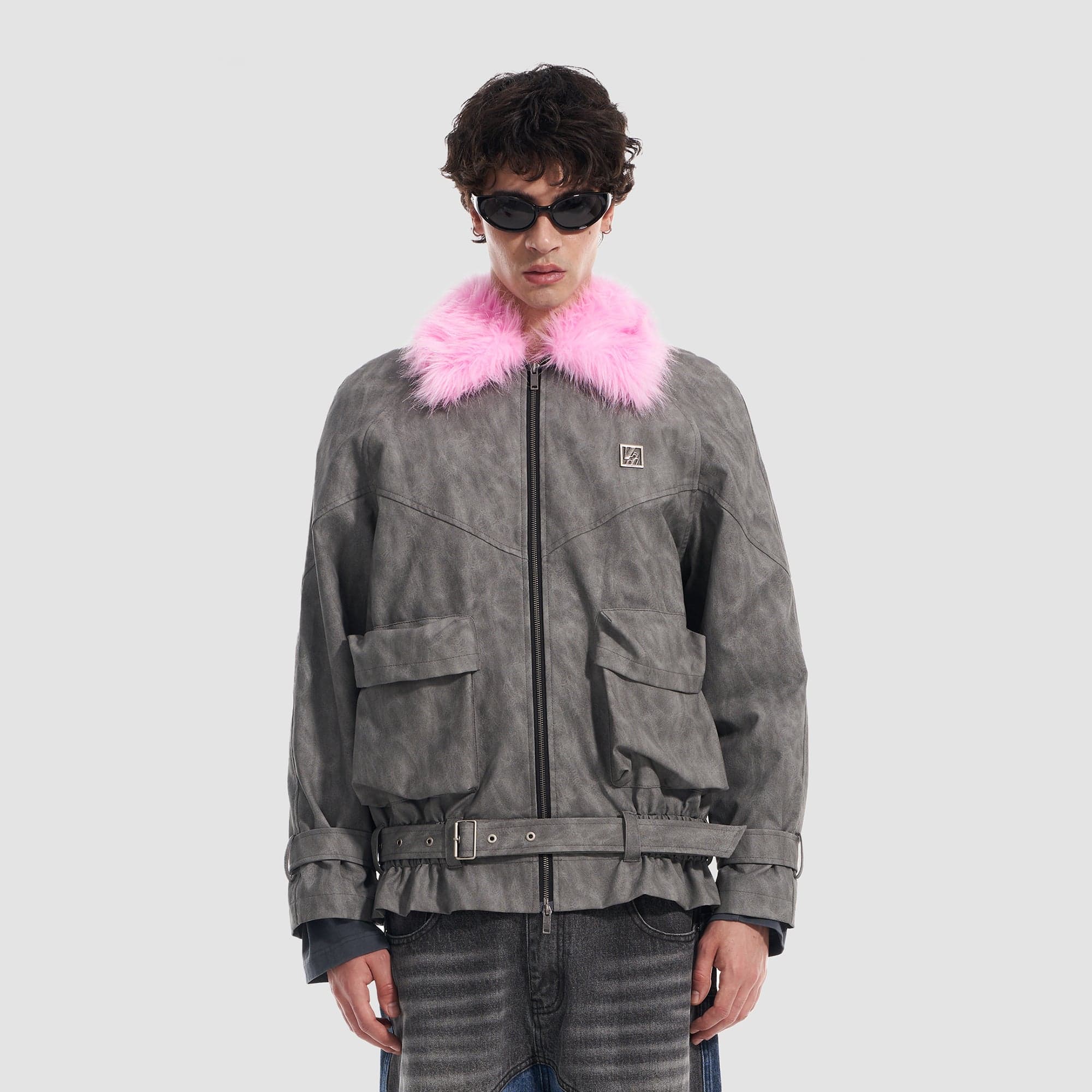 VANN VALRENCE Contrast Faux Fur Collar Belted Jacket